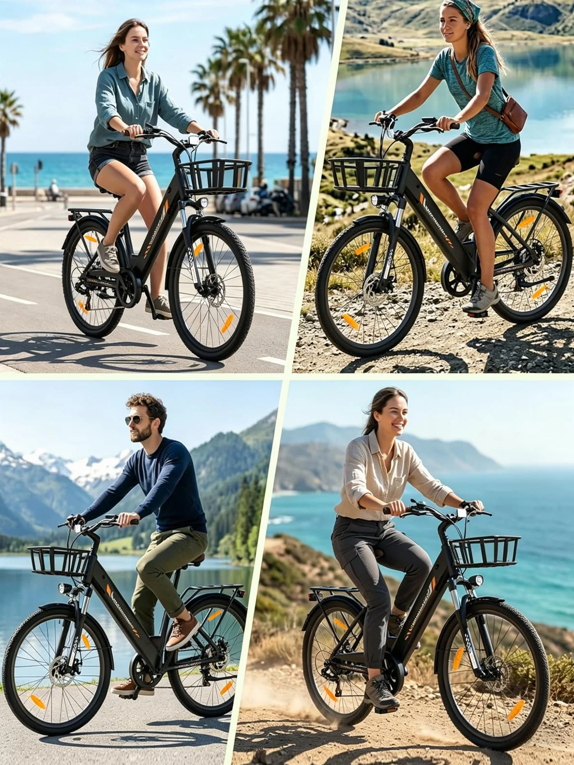 Bicicleta eléctrica de 26" para Mujer, Motor 250W, batería 36V 13Ah, autonomía hasta 100 km, Frenos de Disco mecánicos, suspensión Delantera, 7 velocidades