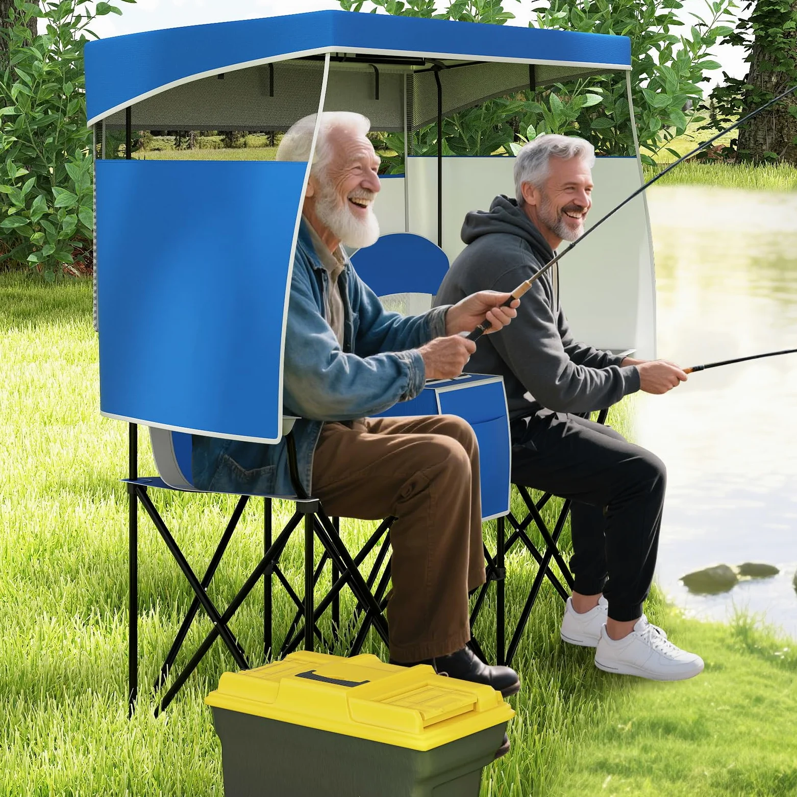 GOPLUS Silla de Playa con Dosel Ajustable, Silla Plegable de Camping Sobredimensionada con Sombra Enrollable, Bolsa Enfriadora, Portavasos, Bolsa de Transporte, para 2 Personas (Azul)