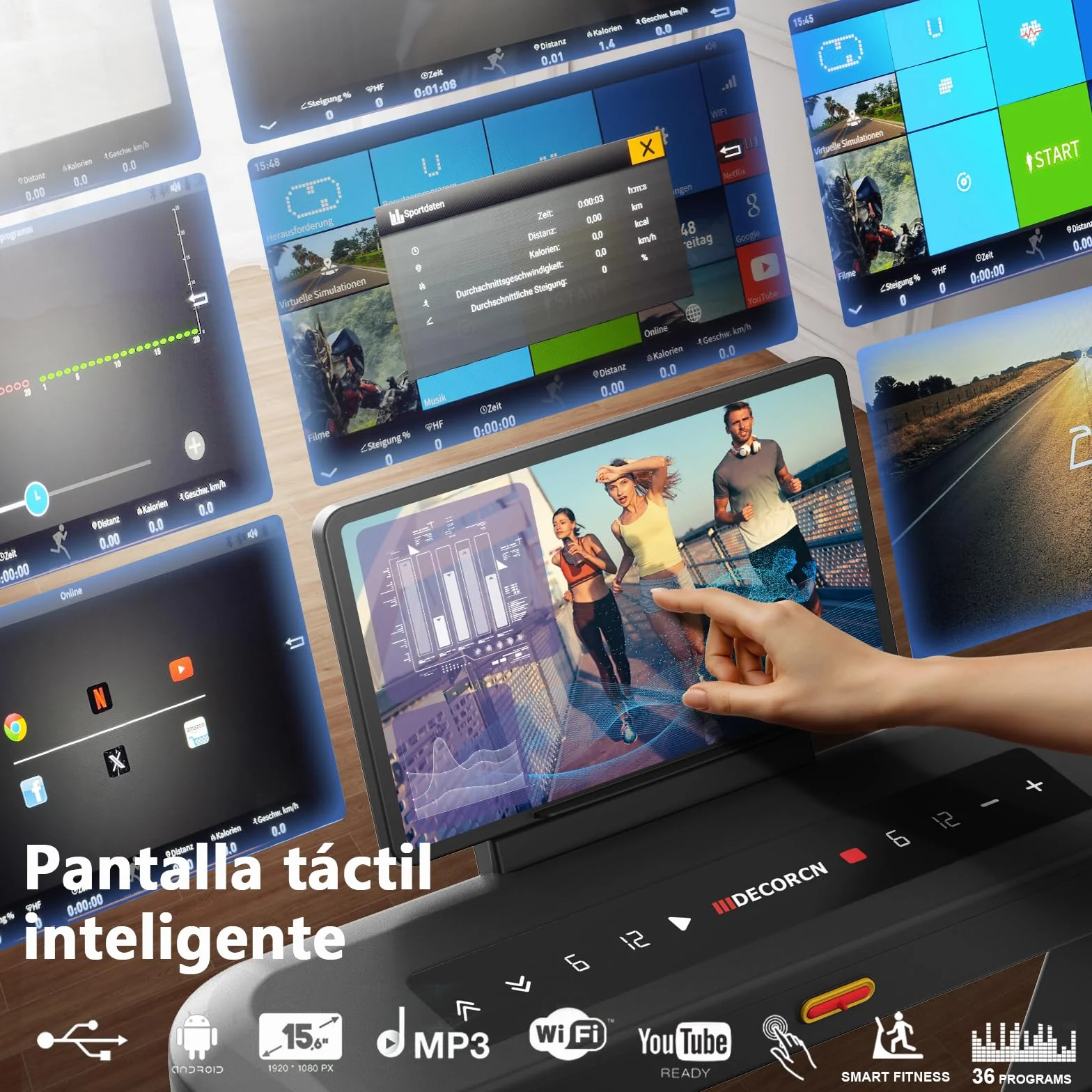 Cinta de Correr Plegable Profesional con App, Motor 7.5CV 20 km/h, Inclinación Automática 20 Niveles, Máquina de Correr para Gimnasio en Casa, Carga 200 kg, Silenciosa, Pantalla Táctil 15.6"