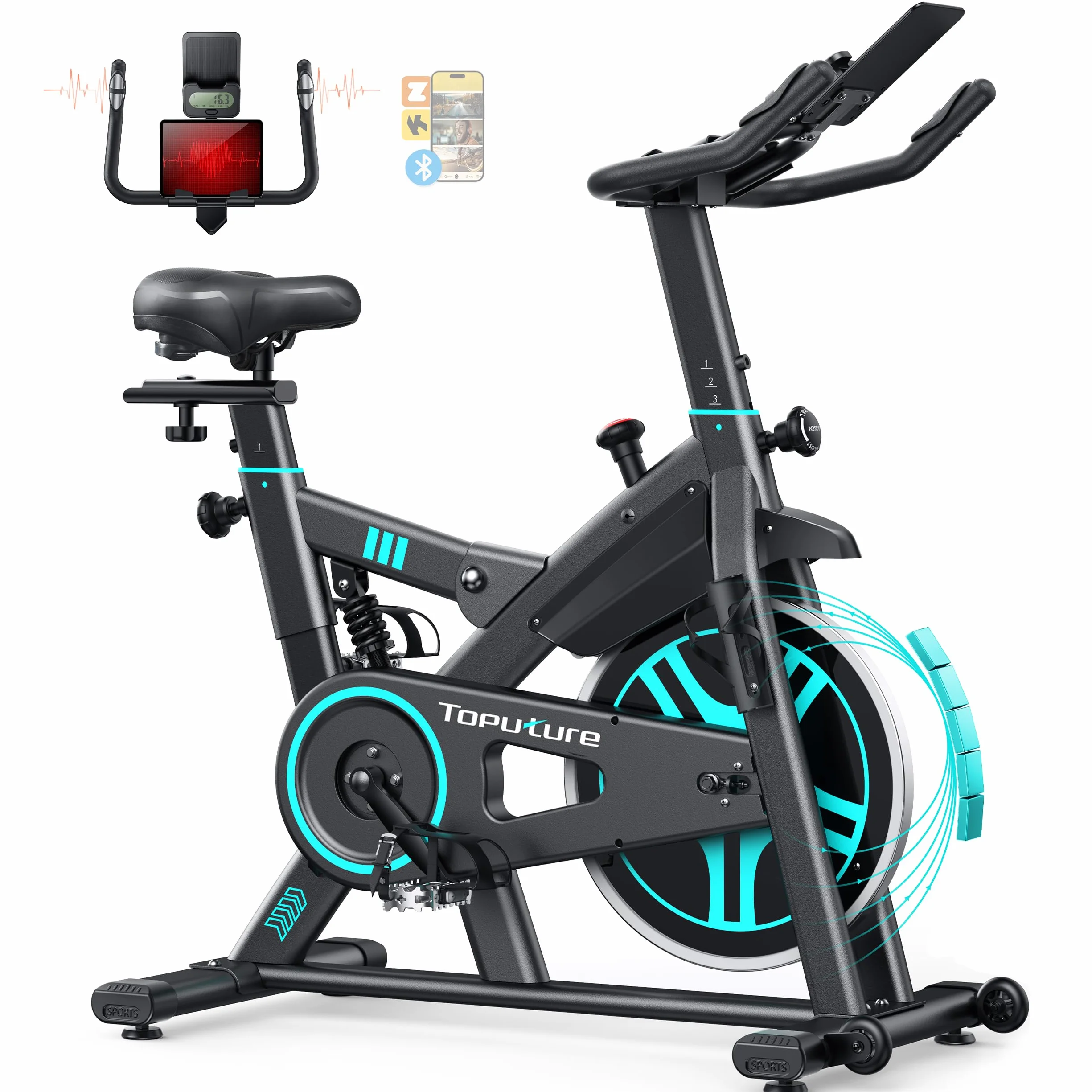 Toputure Bicicleta Estática para Uso DoméStico con APP y Volante 15KG, Muelle Amortiguado para Absorción de Impactos, Bicicleta de Spinning Magnética para Interior, Fitness y Cardio en Casa, MAX 160KG