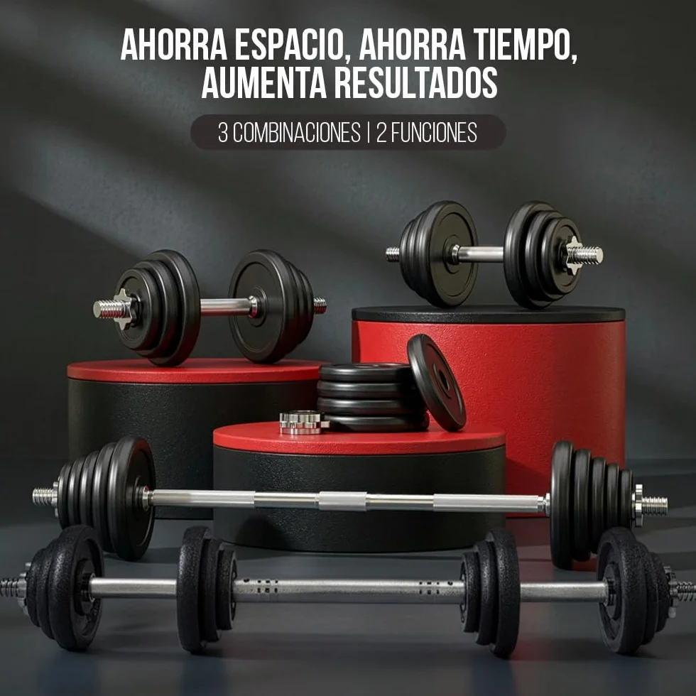 ManiBoom Mancuernas Ajustables HIERRO PURO (No Plástico) - Kit Pesas 3 en 1 con Barra Extensora - Maletín Rígido de Musculación y Fitness en Casa - Discos Macizos y Seguros (15kg - 55kg)