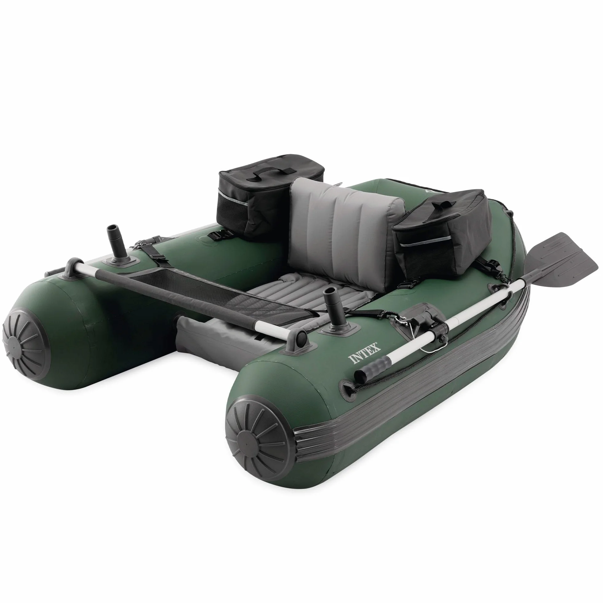 Intex Pato de Pesca Hinchable Big Catch Pro, 165x119x38 cm, Material Super-Tough, Máx. 140 kg, con remos, Hinchador, Mochila, Soportes de caña Desmontables, Red para Peces, Bolsas almacenaje (68381)