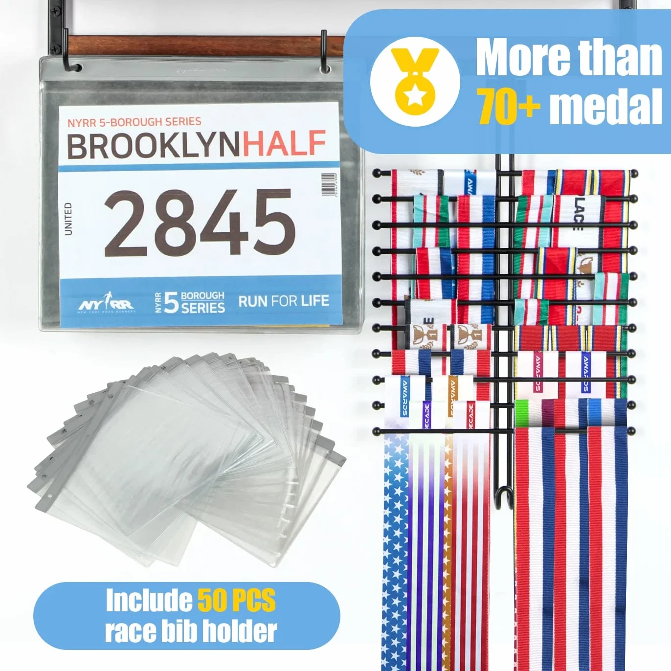 Colgador de pared para medallas de maratón con soporte de baberos, estante de trofeos y ganchos, 50 bolsas abatibles - MK817A