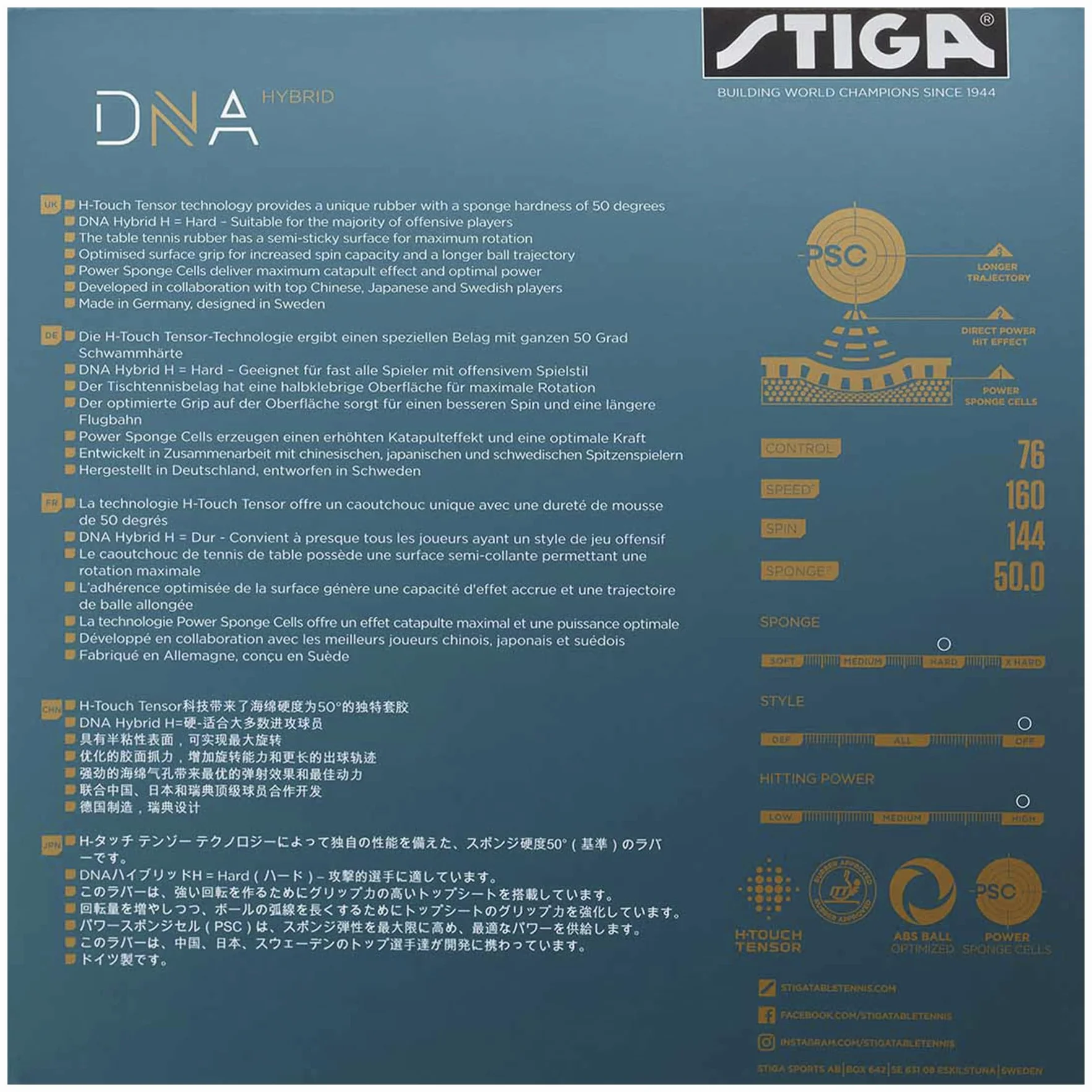 STIGA Goma para Raqueta de Ping Pong DNA Hybrid H, 2.1 mm, Negro
