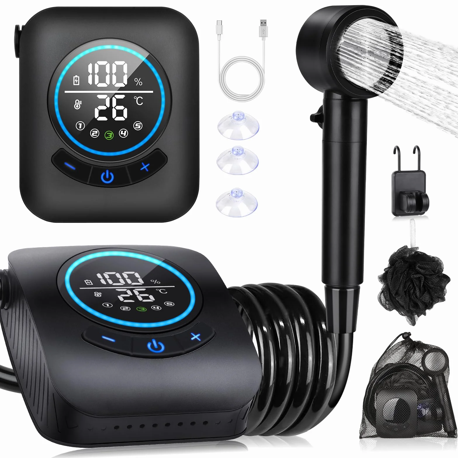 Spopal Ducha Portatil Camping, [Pantalla Temperatura] 8000mAh Recargable Ducha Camper, Modo de 5 Velocidad, 180Min de Larga Duración, Ducha Electrica para Acampar, Hacer Caminatas, Duchas para Perros