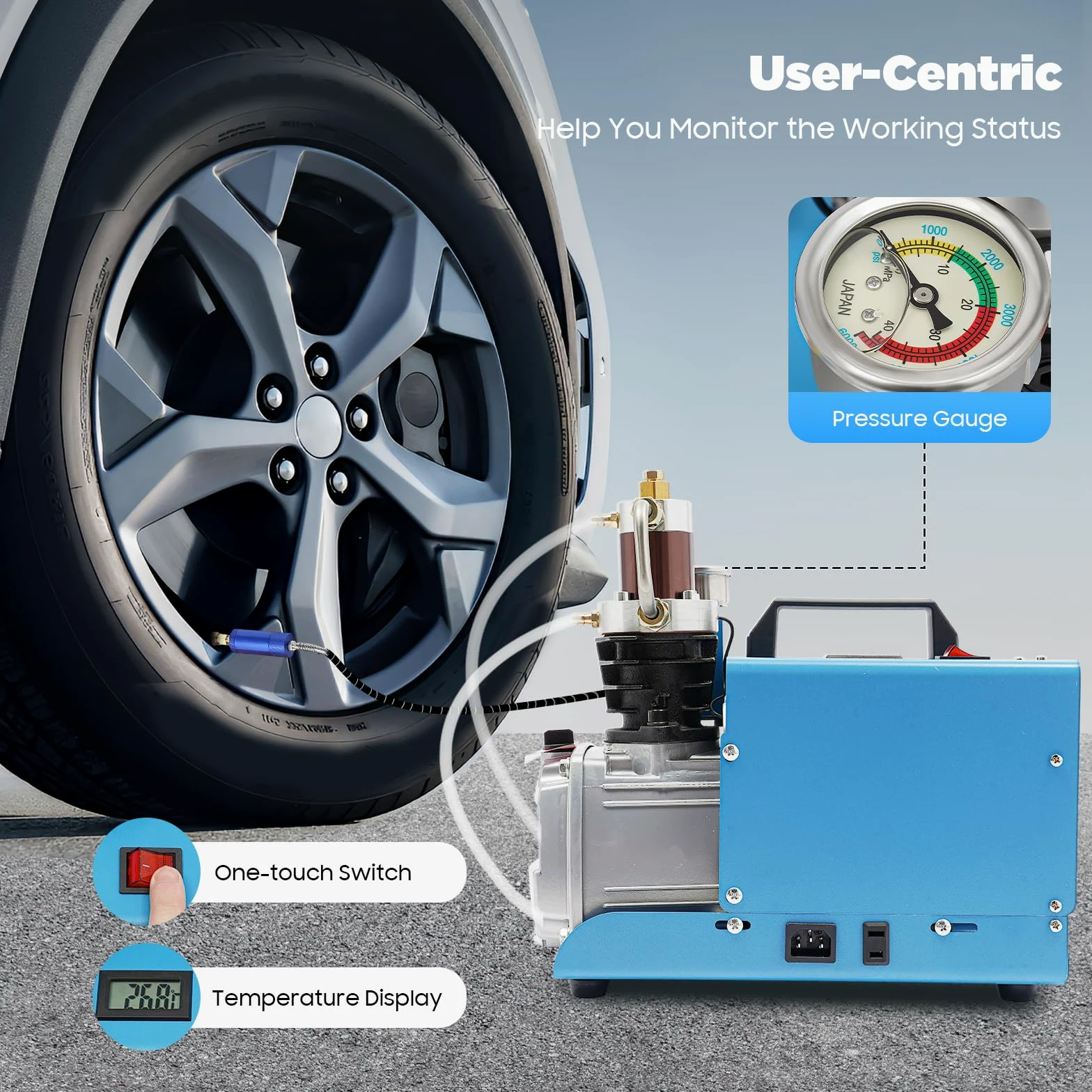 Bomba de aire eléctrica de 1800 W, 2800 rpm, enfriamiento de aire de agua, depósito de aceite de 350 ml, compresor de alta presión 0-30 MPa, válvula de alivio de presión, bomba de pistón de compresión