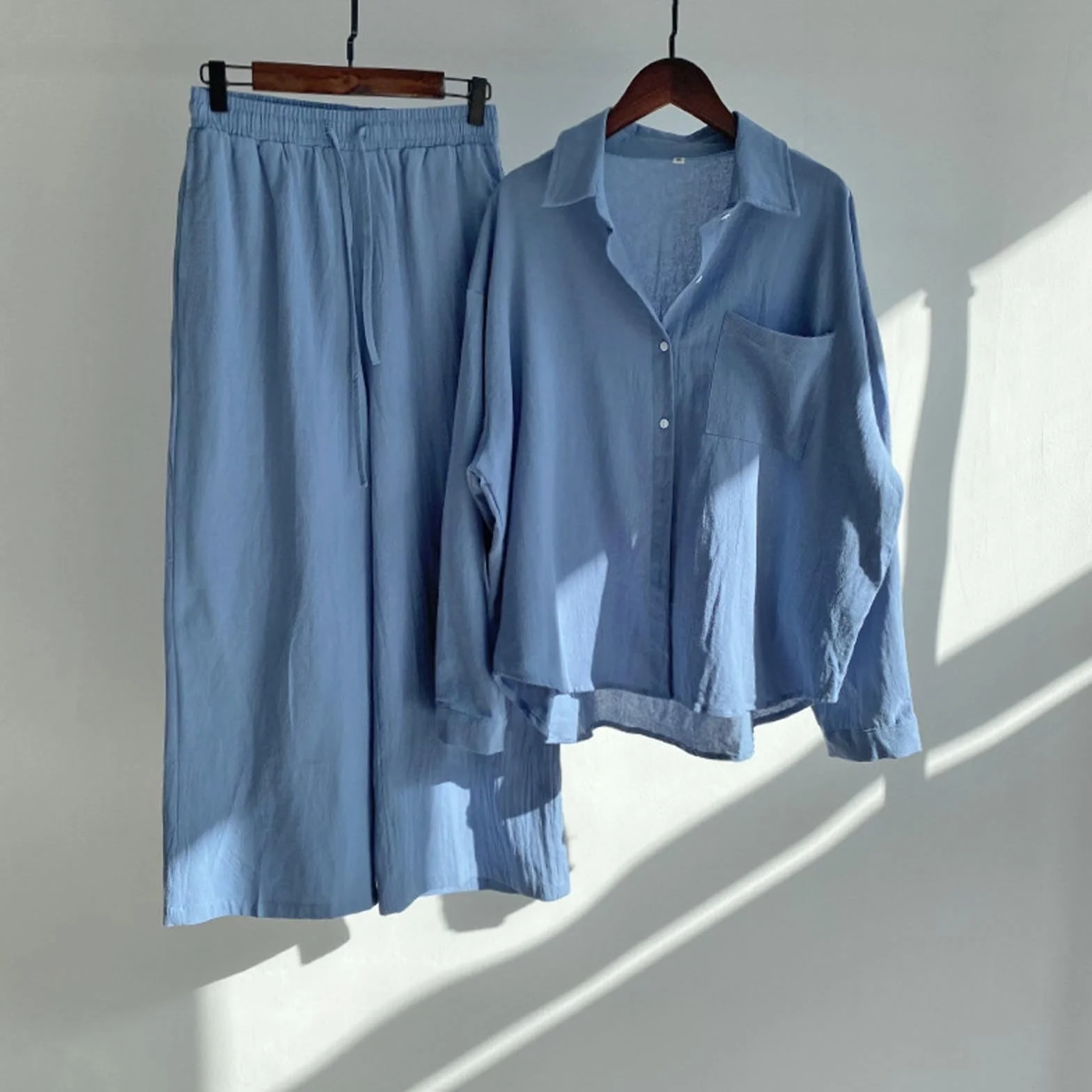 Traje de lino para mujer de dos piezas, pantalón manga larga, transpirable, elástico, pijama de casa ligero