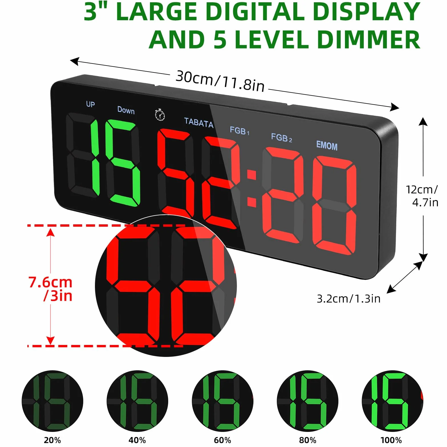PELLOR Temporizador Multifunción para Gimnasio - Grand 3" Digital Reloj de Pared, Cronómetro LED con Modos Tabata/FGB/EMOM, 5 Niveles Brillo, Cuenta Regresiva/Progressiva, Portátil para Fitness/MMA