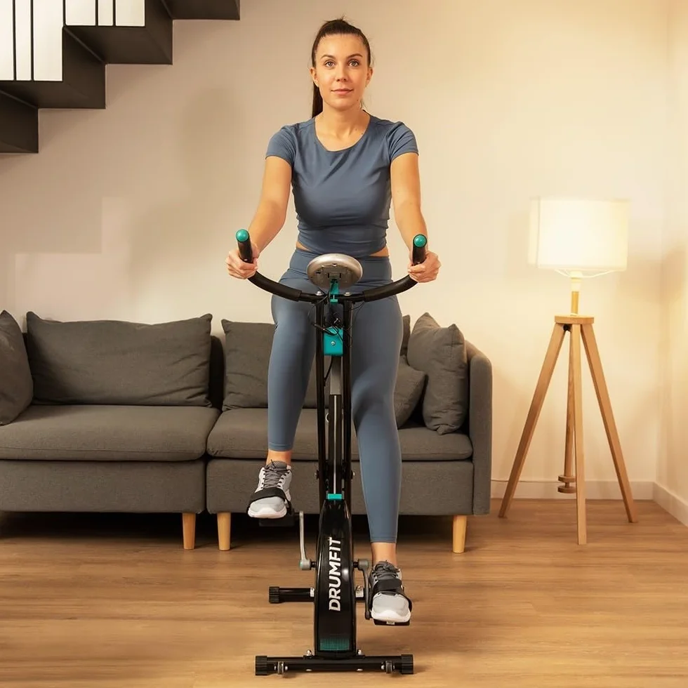 Cecotec Bicicleta estática plegable DrumFit X-Bike Neo, Sillín y manillar lateral, Sistema de plegado fácil y compacto, Soporte para dispositivos, 8 niveles de resistencia, 1,5 Kg volante de inercia.