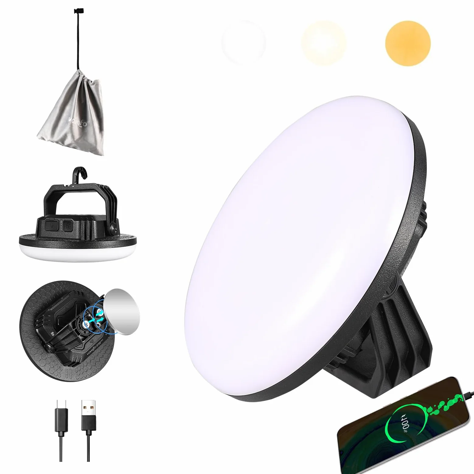 VAVOFO - Linterna LED de 4000 lm, 15.000 mAh, recargable, 3 modos de iluminación, 180 LED, luz portátil de tienda con imán, luz colgante impermeable IP65 para emergencias, cortes de energía, huracán