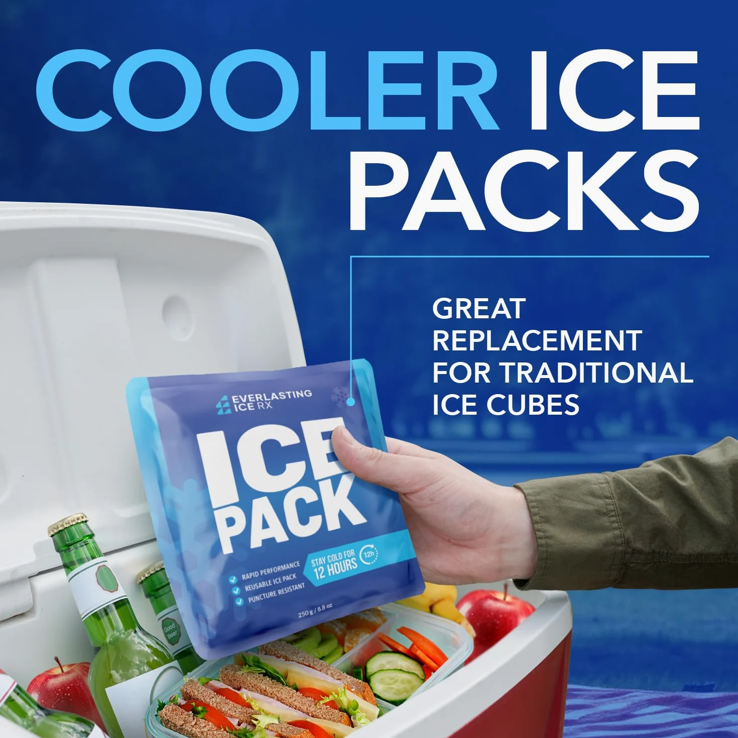 Rapid Performance - Paquetes de hielo reutilizables para enfriadores o lonchera, paquete de 4, frío hasta 12 horas, paquetes de hielo para enfriador, larga duración para camping, playa