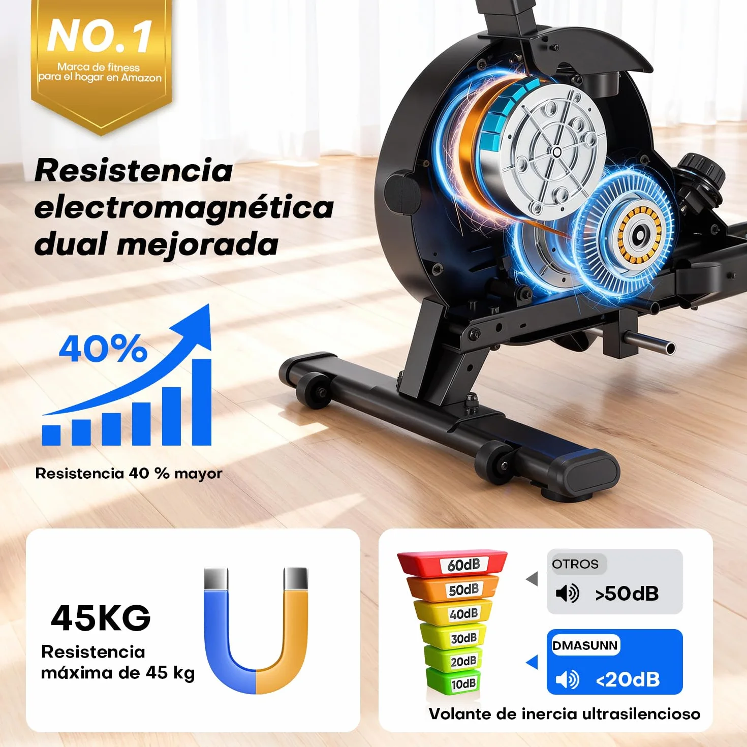 Máquina de Remo para Casa, 16/32 Niveles de Resistencia, Remo Magnético Silencioso con App Corriente Principal, Rieles Dobles Mejorados para Mayor Estabilidad + Negro + Azul