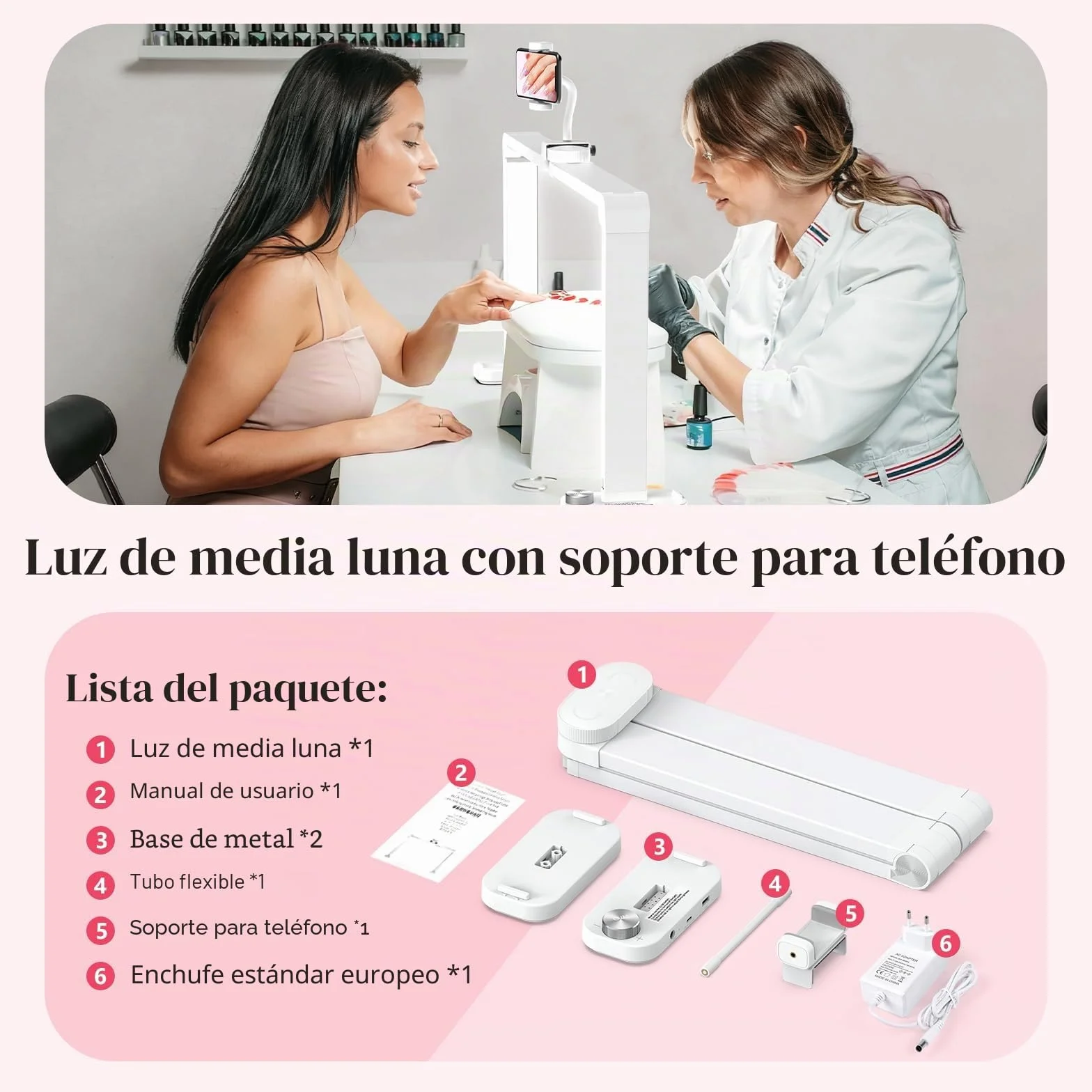 Media Luna Lámpara para Uñas 34" con Soporte 3 Modos de Color 10 Niveles de Brillo Ajustables Blanco
