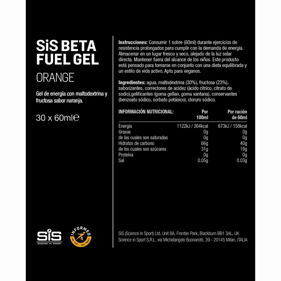 Science in Sport Beta Fuel Gel Energético Doble Fuente 30 x 60ml Naranja Vegano 40g Carbohidratos 1:0.8