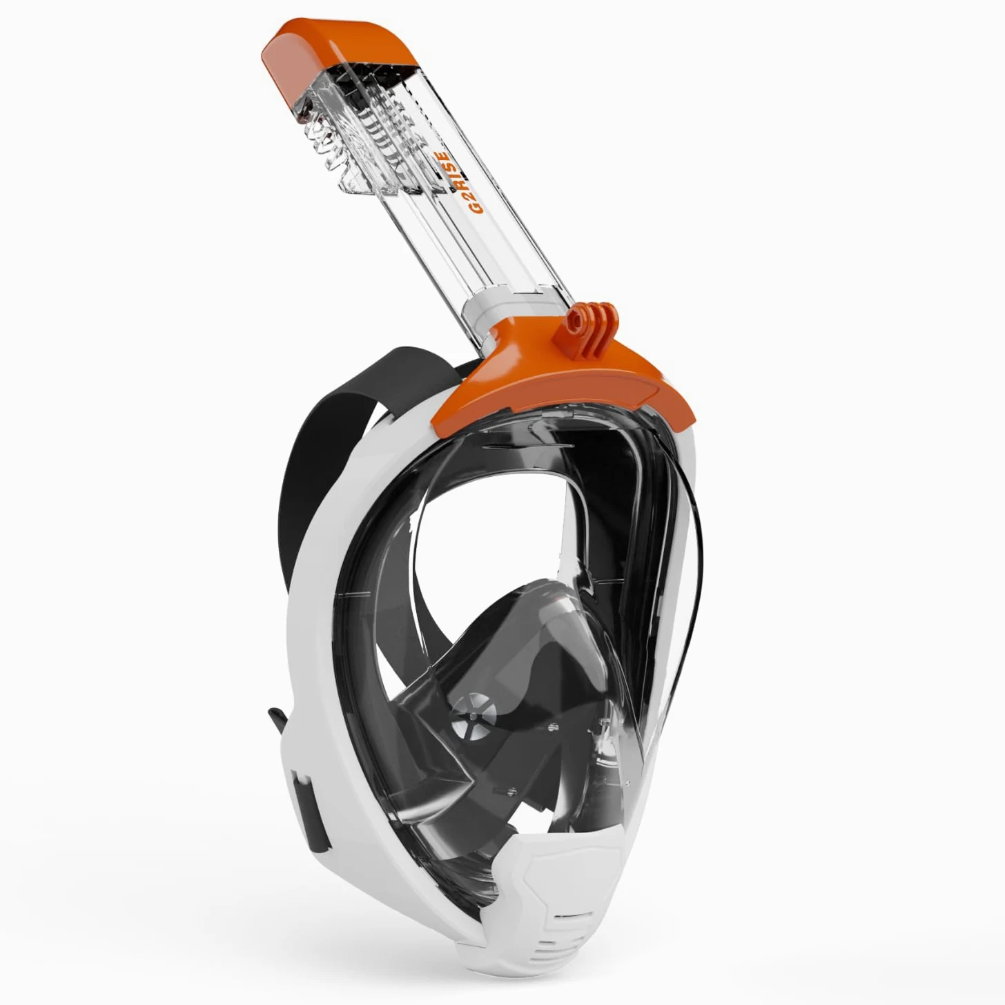 G2RISE Máscara de esnórquel para adultos, máscara completa con soporte para cámara extraíble, absolutamente seguro de CO2 (negro naranja, S/M)