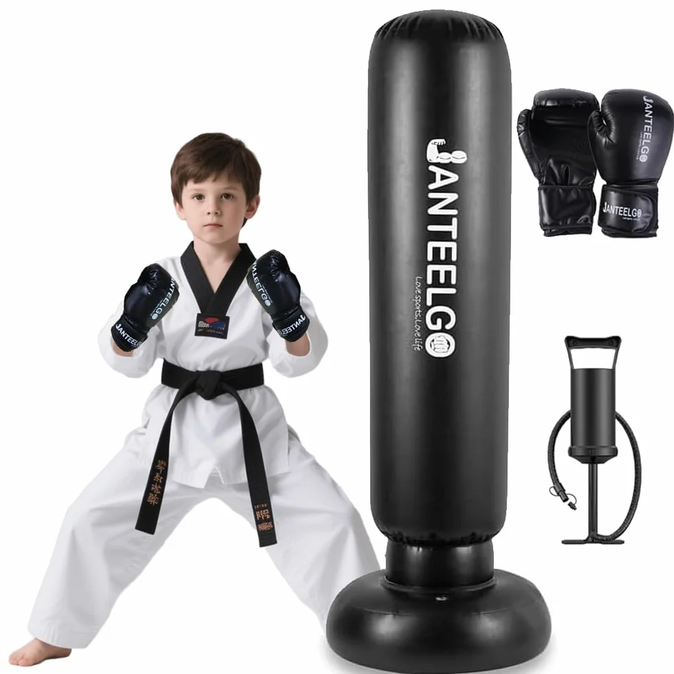 Saco de Boxeo de Pie Niños para Karate y Boxeo: JanTeelGO 150cm Punching Ball Inflable y Guantes de Boxeos - Regalos para Niñas de 3 a 12 años para Practicar Karate, Taekwondo