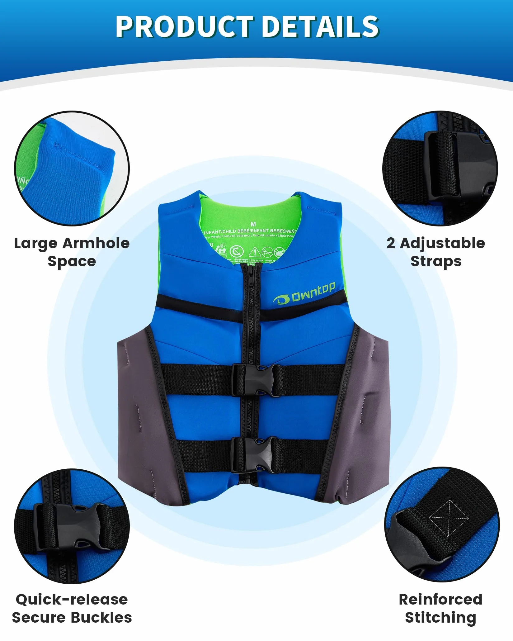 Owntop Chaleco de Natación para Jóvenes y Niños, Chaleco de Flotabilidad de Neopreno Ligero, Chaleco Flotante con Dobles Correas de Seguridad Ajustables para Natación, Kayak y Pesca