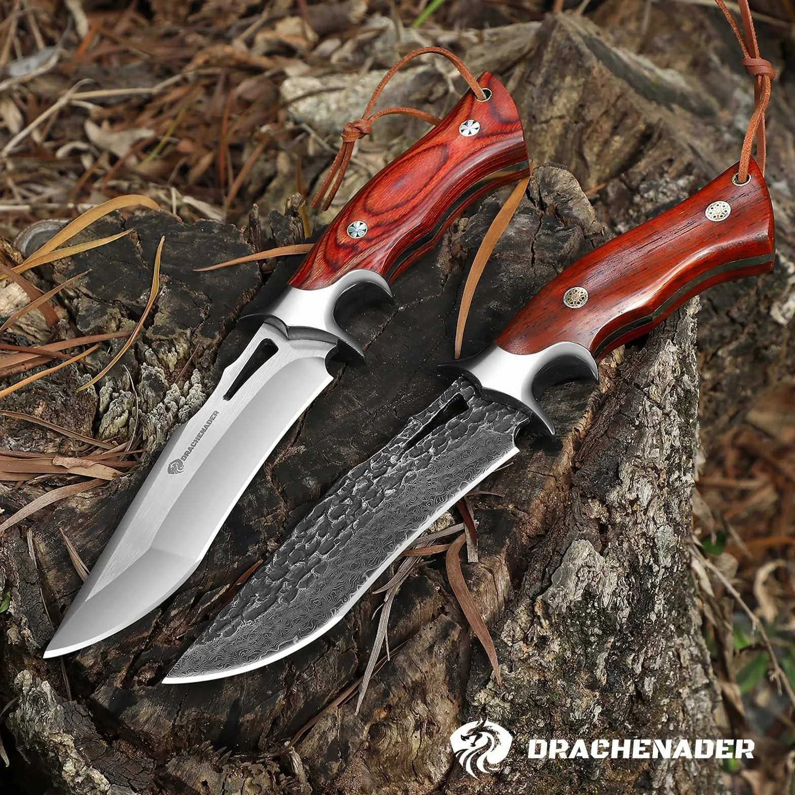 DRACHENADER cuchillo de cinturón cuchillo de supervivencia cuchillo de caza cuchillo grande, muy afilado bushcraft hoja fija con funda de cuero genuino, mango de madera