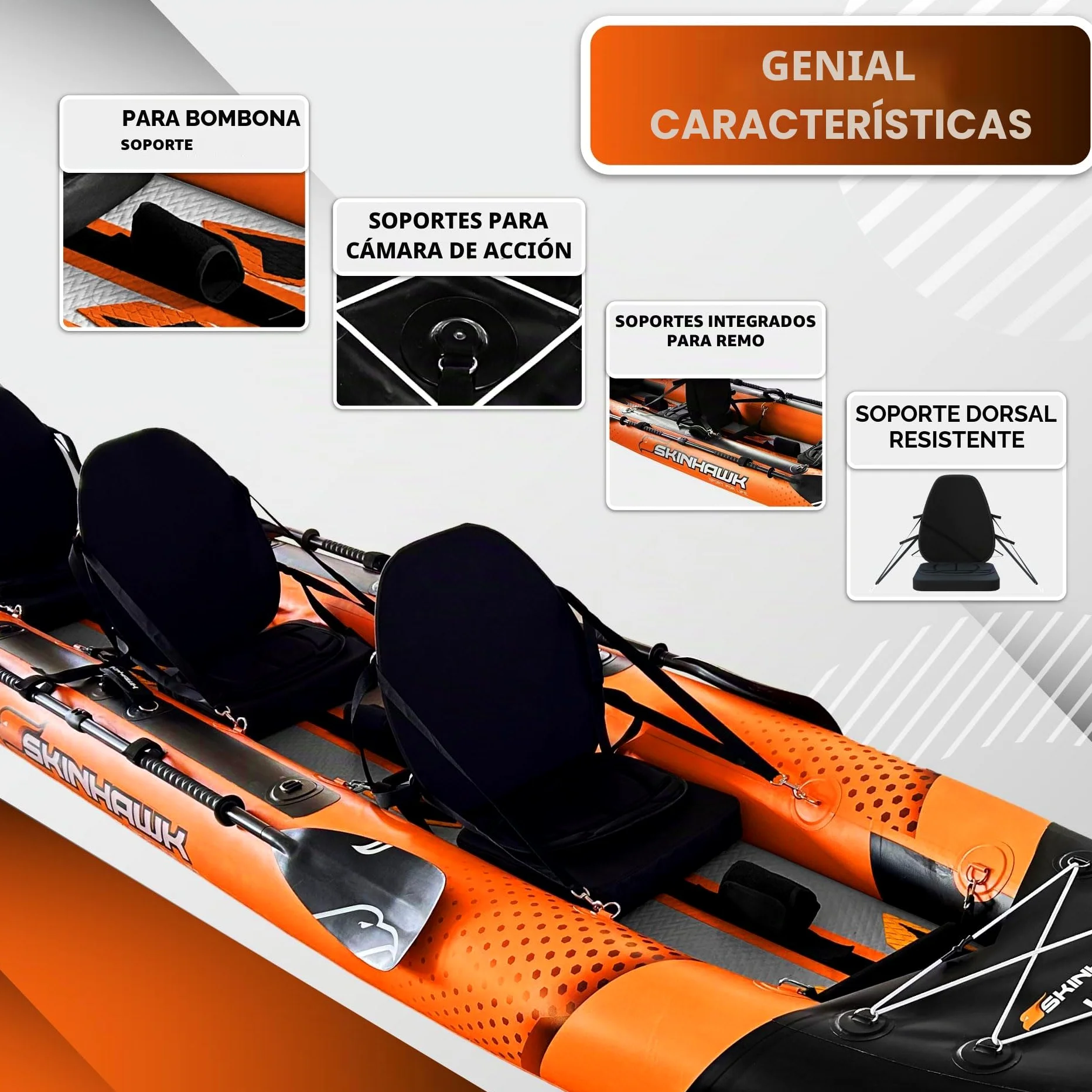 SKINHAWK Exclusiv Orange Kayak Set 480 – Barco inflable – Canoa – 480 x 96 cm – Kayak para 3 personas