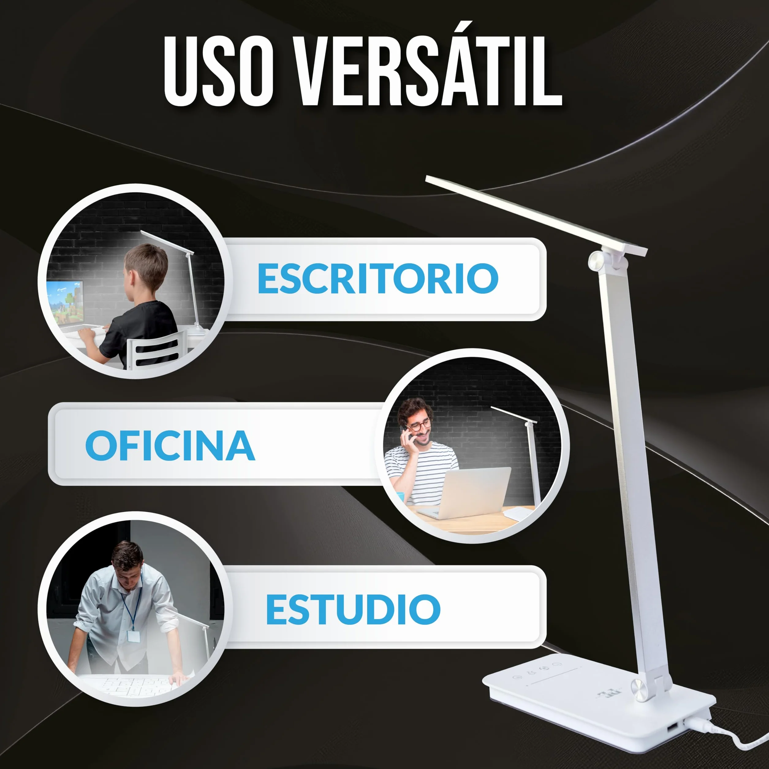 Lámpara LED Escritorio 5 en 1 Flexo con Luz Nocturna Táctil 5 Modos 10 Niveles Brillo USB Plata