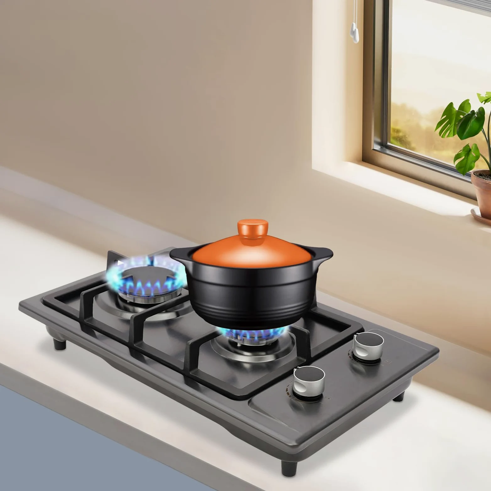 Cocina de gas para interiores, estufa de gas portátil de 2 fuegos con válvula reductora de presión, manguera de 1,5 m, placa de gas para el hogar, cocina, camping, jardín, catering, 6 kW