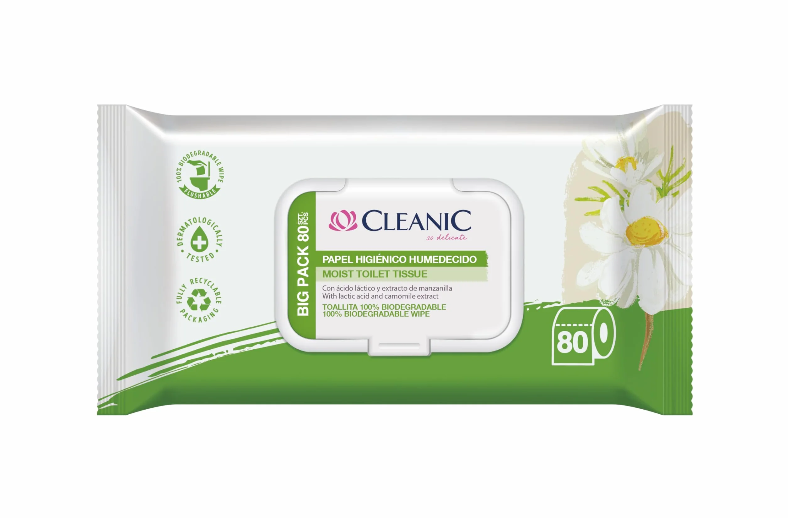Cleanic Papel Higiénico Hidratado con Extracto de Manzanilla 80 Piezas - Toallitas Humedecidas para Limpieza Íntima