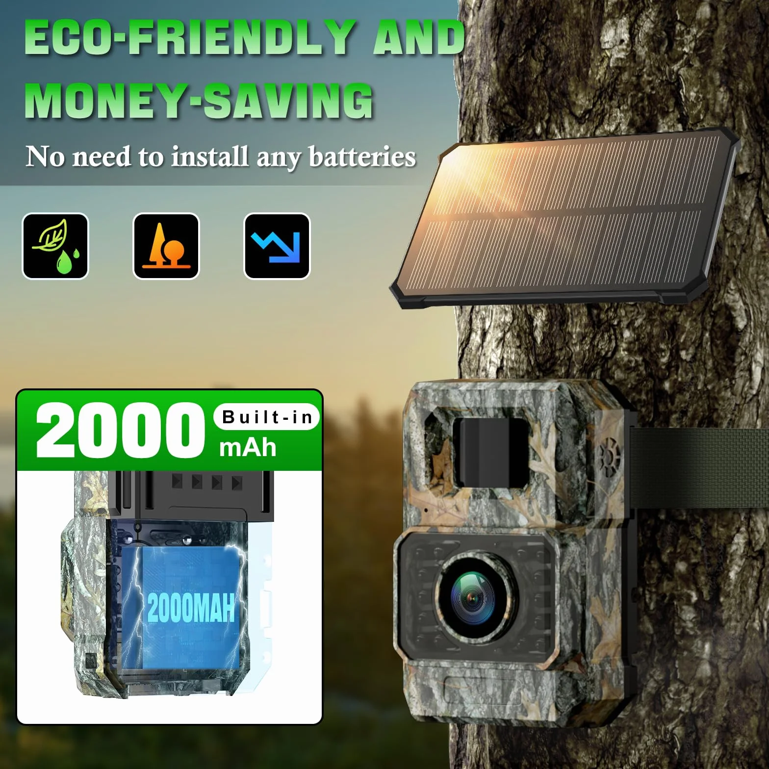 Coolifepro Cámara de Caza Solar, 60MP WiFi Bluetooth Camara Fototrampeo, Batería Interna 2000mAh, No Necesita Batería Extra, Camara Caza para Monitoreo de Vida Silvestre con Tarjeta Micro SD 32GB