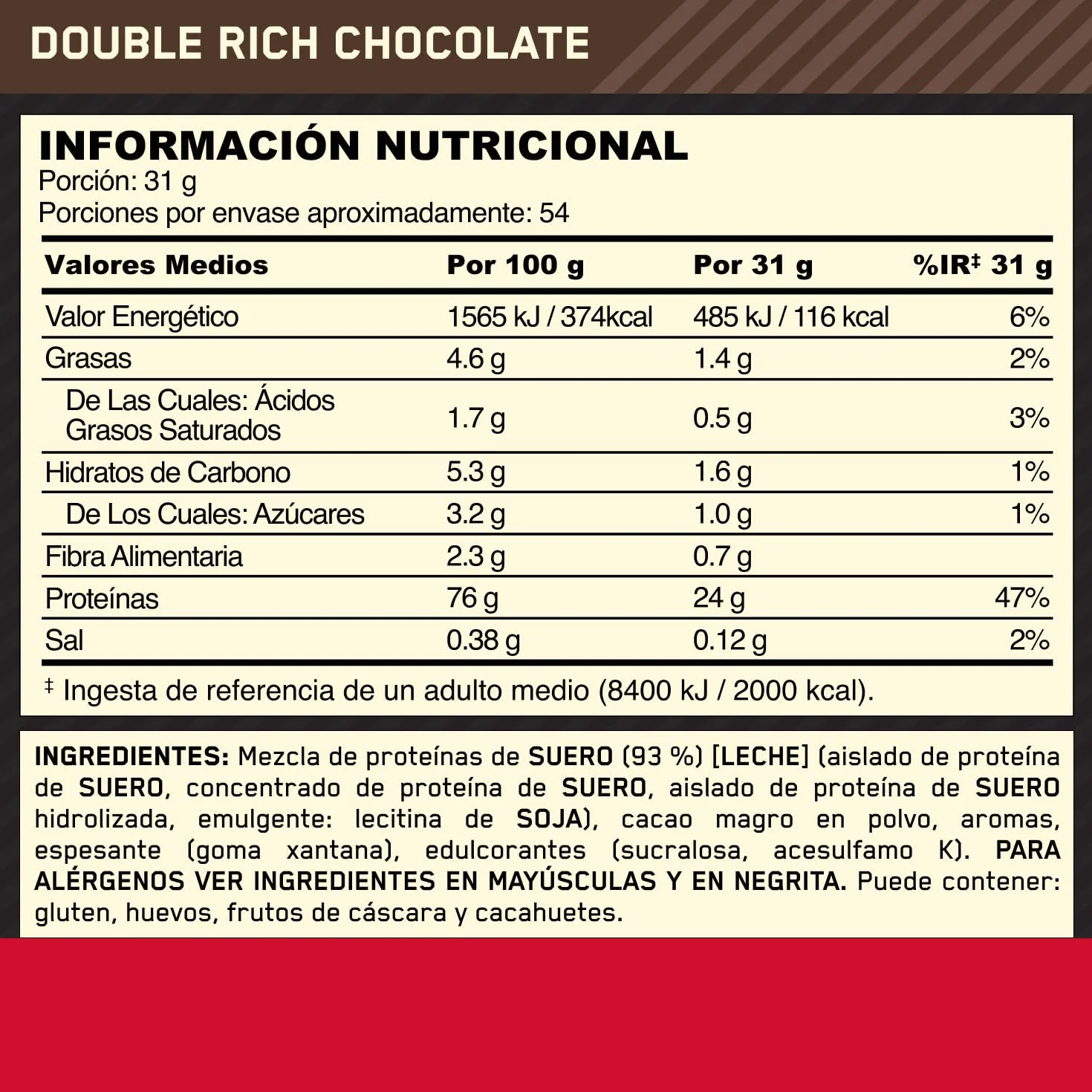 Optimum Nutrition Gold Standard 100% Whey Proteína en Polvo Doble Chocolate 1.62kg 54 Servicios