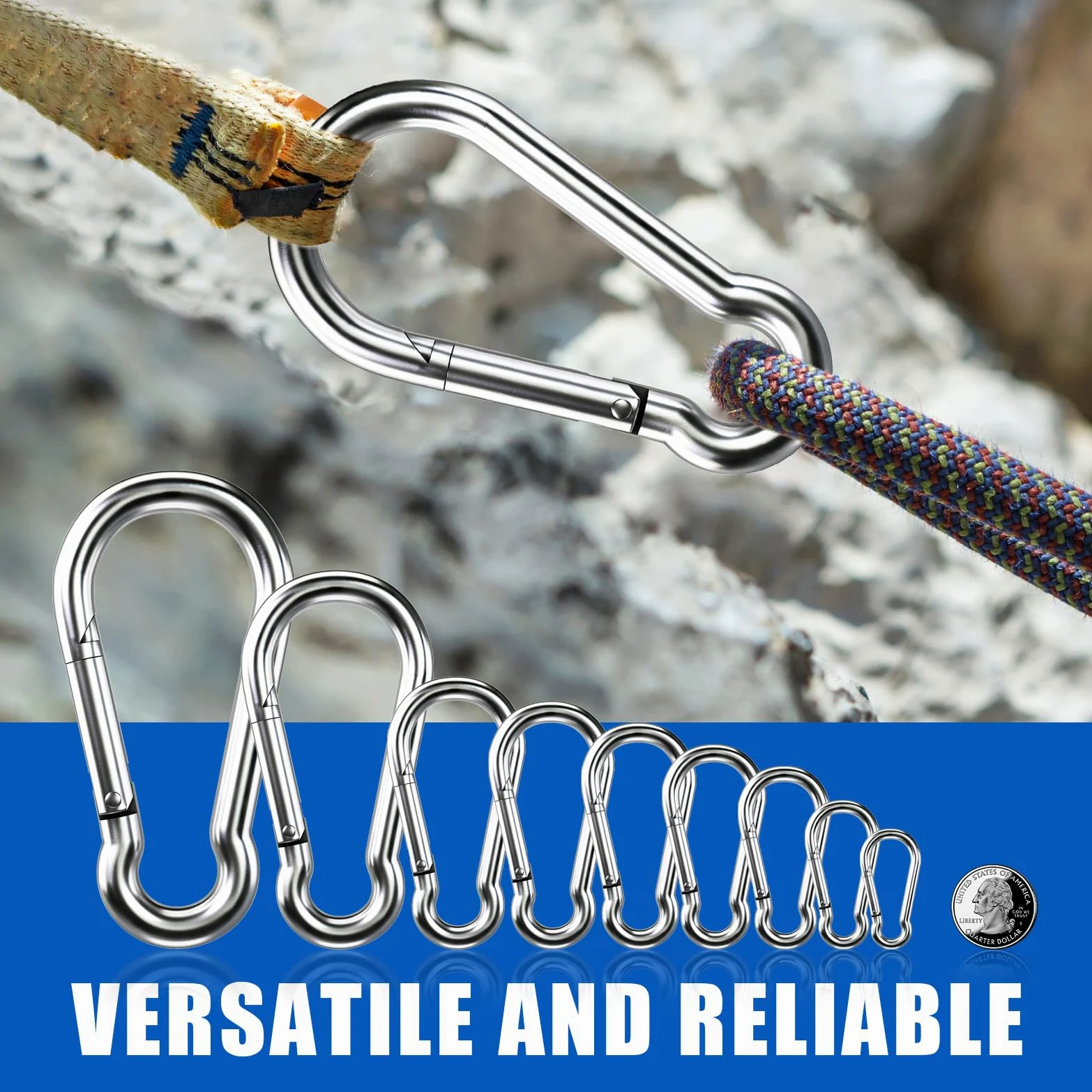 Kinklink - Mosquetón de acero inoxidable 304, gancho de resorte resistente de 3.54 pulgadas, clips de caribeener para camping, senderismo, viajes, pesca, llavero de enlace rápido, botella de agua