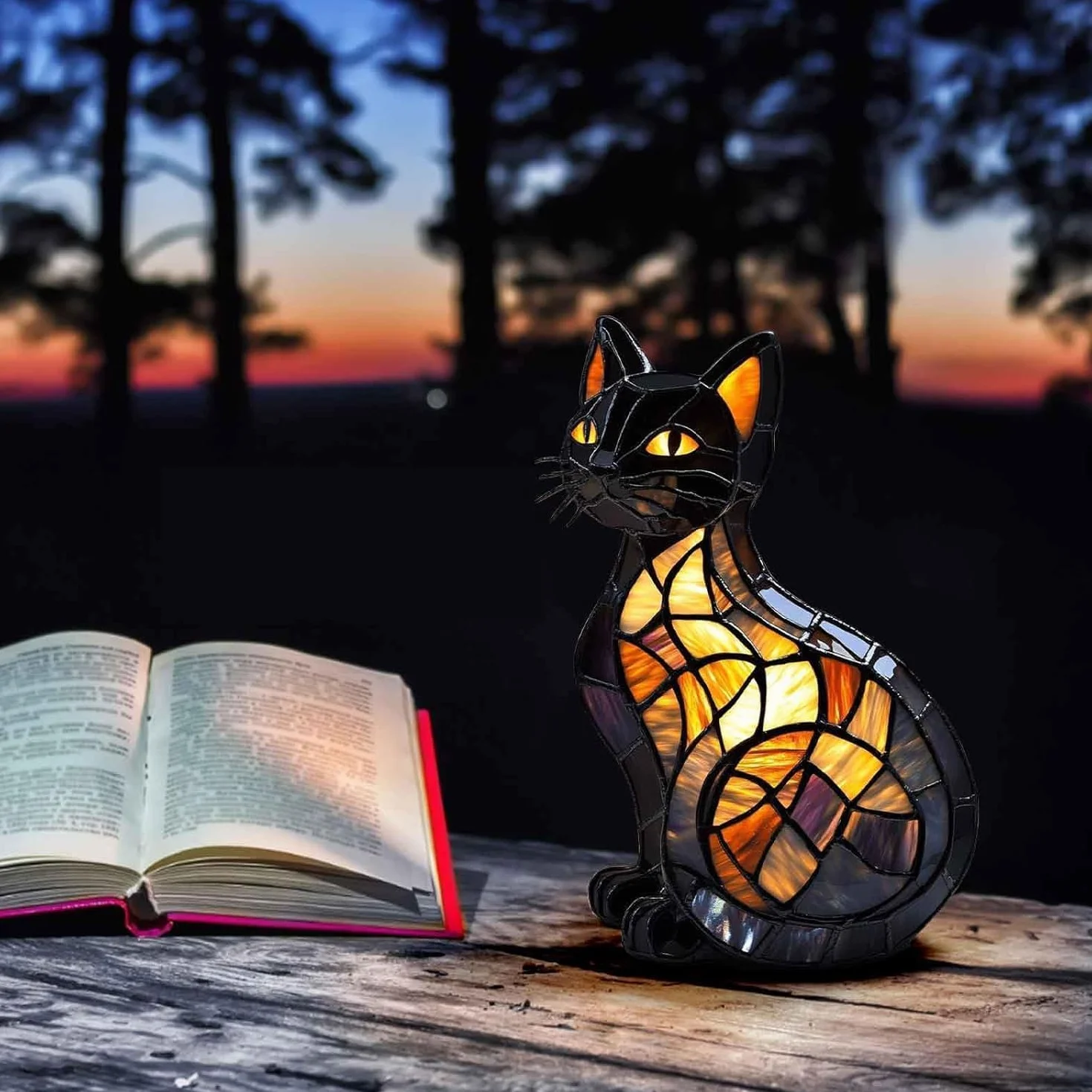 Solymall Glowkitty Cat Lamp Stained Glass Retro Resin Tabletop Night Light 3D Cute Pet LED Table Light