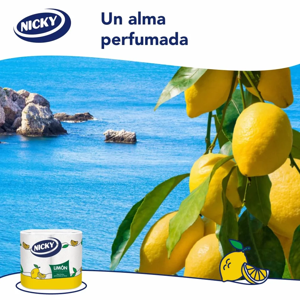 Nicky Limón Papel de Cocina 2 Rollos 2 Capas 100 Hojas Super Absorbente Perfumado Limón Fsc