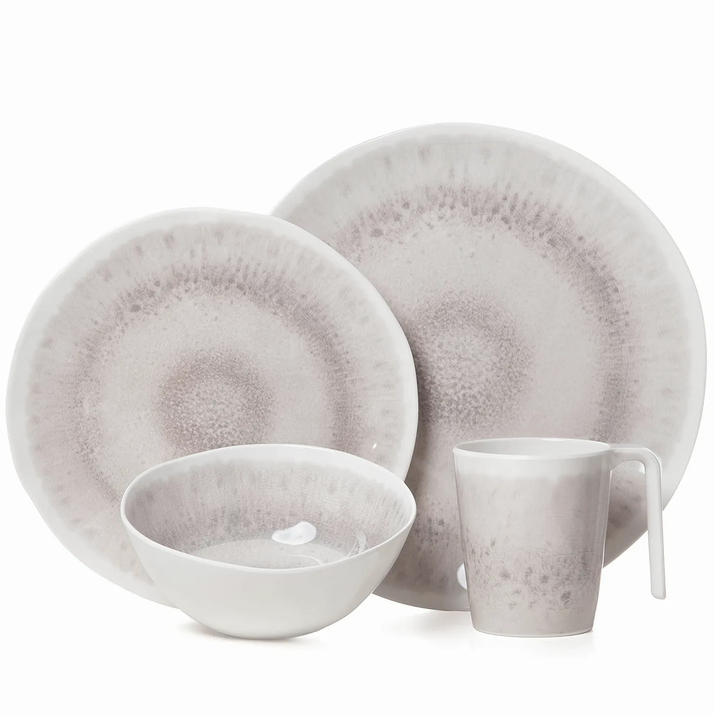 Juego de vajilla de melamina para camping, 4 personas, diseño de yunque, 16 piezas + 4 copas de vino Milano, color blanco, vajilla de picnic, barbacoa