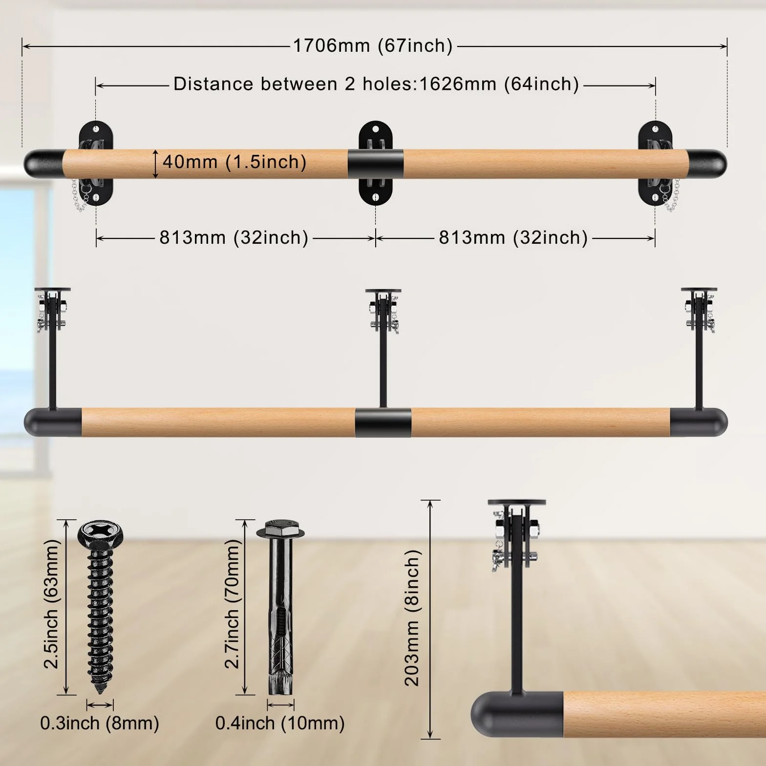 Dolibest Barra de Ballet de Madera 170 cm Ajustable Montaje en Pared 90-250 cm