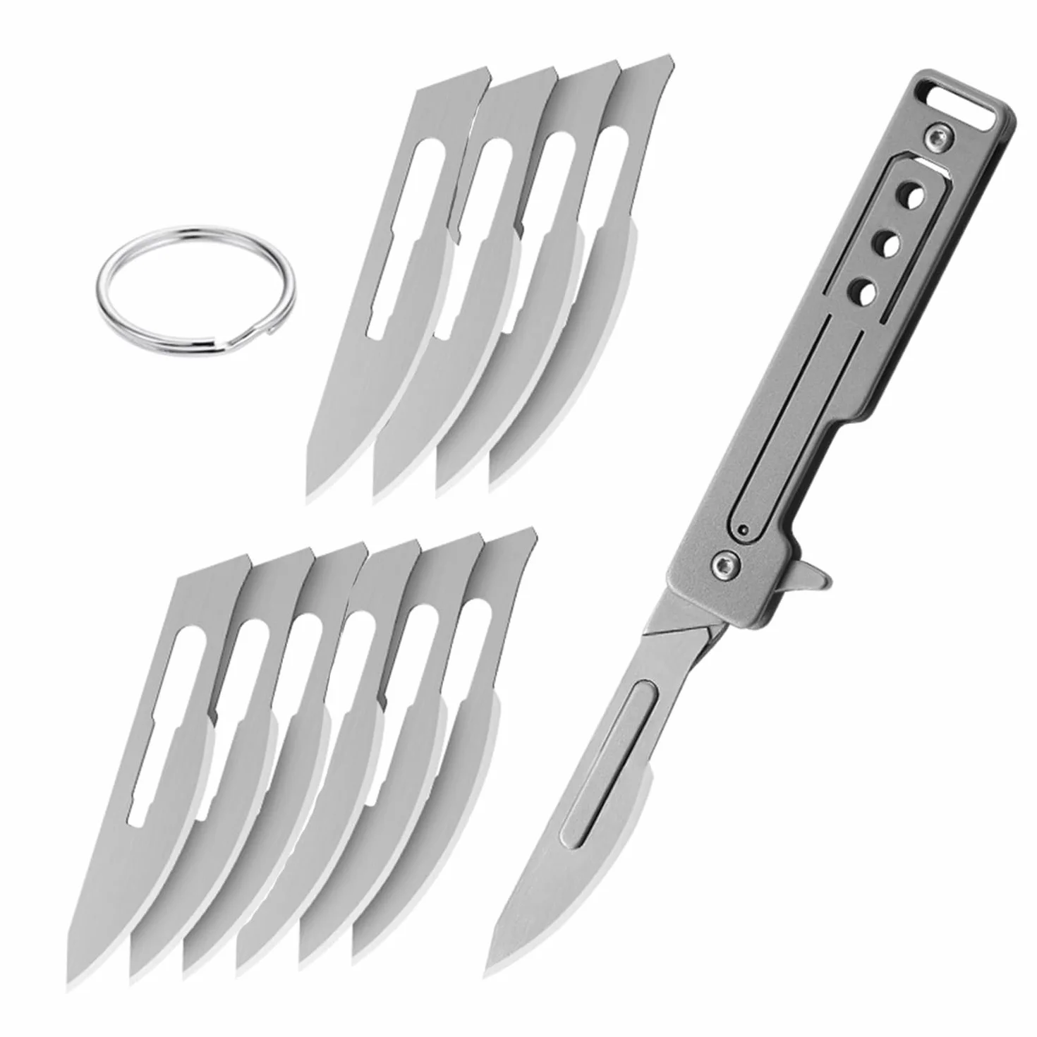 Mini Cuchillo Bisturí de Titanio con 10 Cuchillas Reemplazables, Navaja de Bolsillo con Aleta de Titanio, EDC Pocket Utility Knife, Cuchillo Plegable con Clip de Bolsillo, Navaja Plegable con llavero