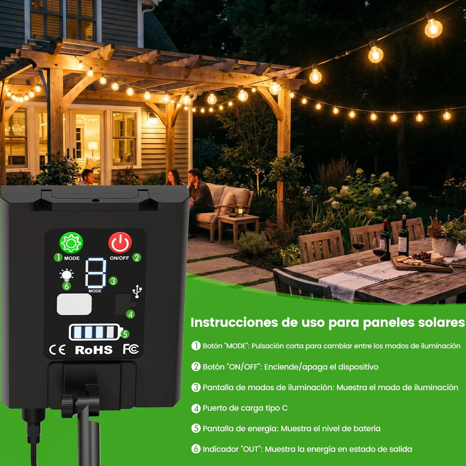 Solares Guirnalda Luces Exterior Jardin 15M LED Regulable Control Remoto G40