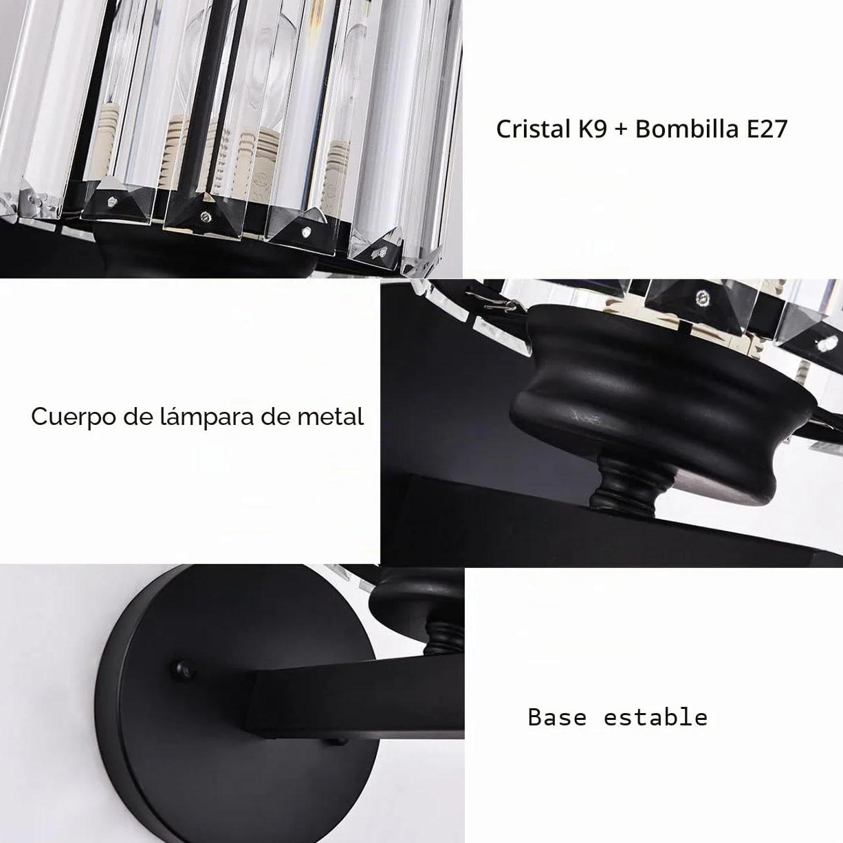 Lámpara de pared retro de cristal negro E27 para interior, salón, dormitorio