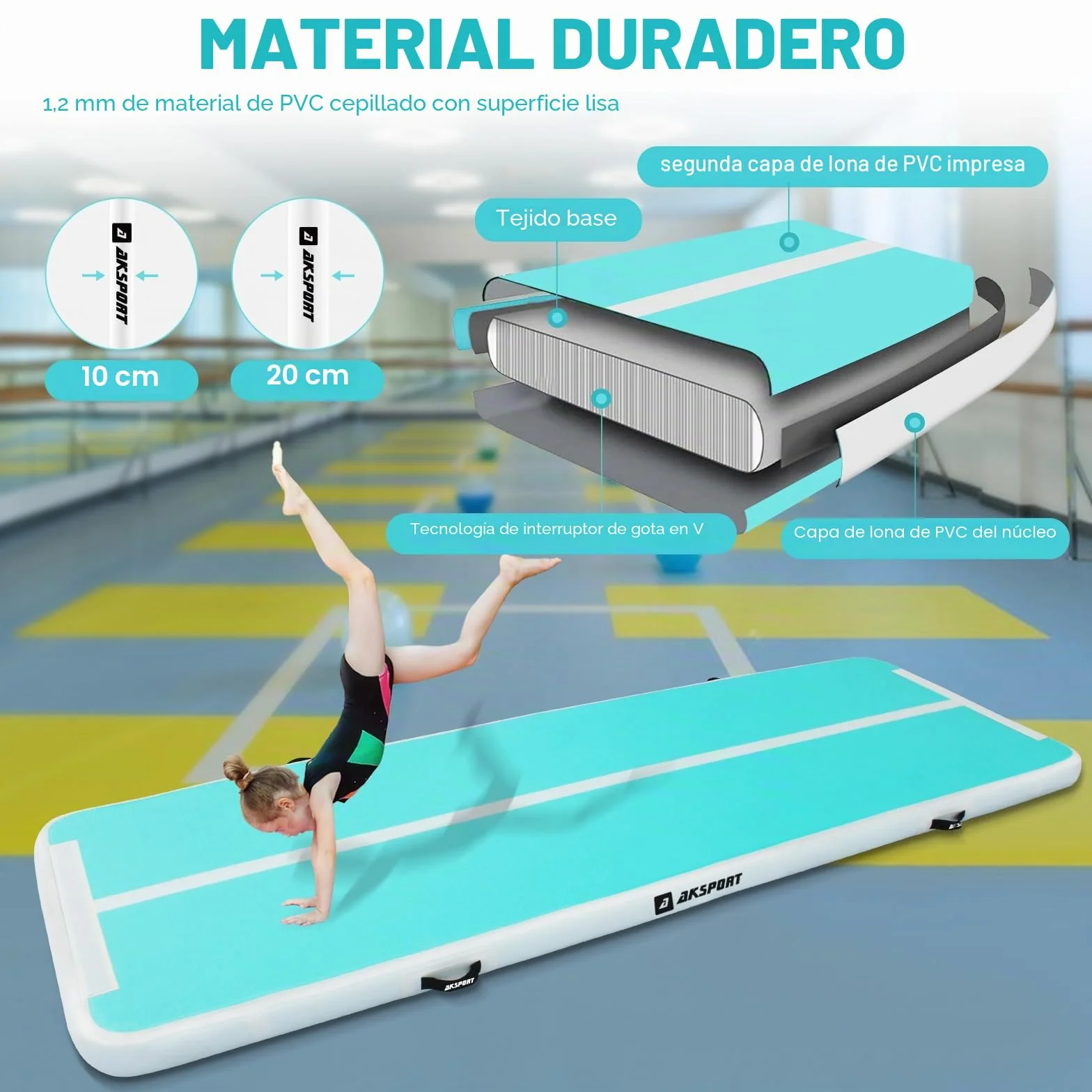 AKSPORT Esterilla hinchable de aire para tumbling 3/4/5/6 m 10/20 cm alto con bomba