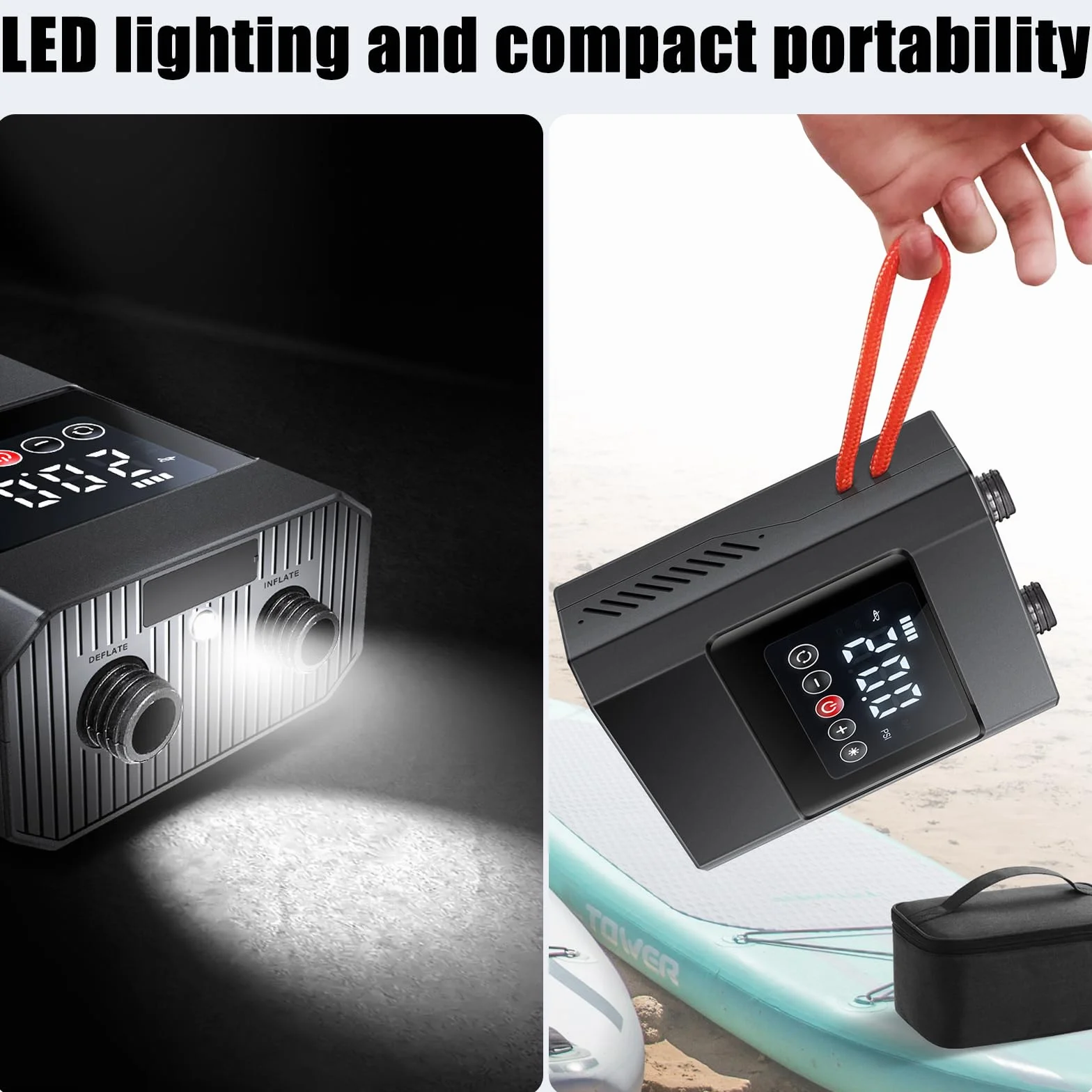 SUP Bomba eléctrica inflable, 12000 mAh, recargable, portátil, inflado/desinflado con 6 boquillas y cable de carga para encendedor de cigarrillos, kayaks, colchones