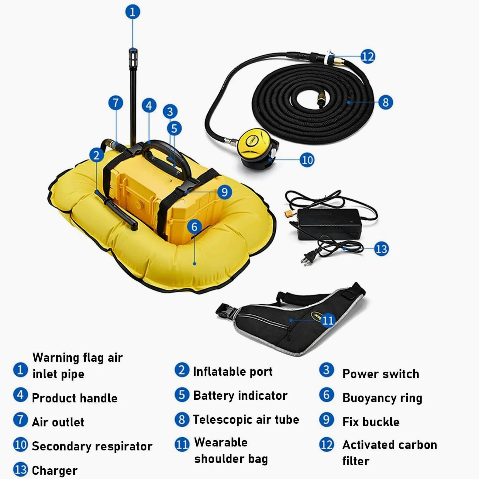WYWY Sistema de buceo recargable de 3/5.5 horas con manguera de 10 m y regulador de respiración de buceo, máquina de buceo desmontable, para buceo recreativo y pesca (amarillo, D3000)