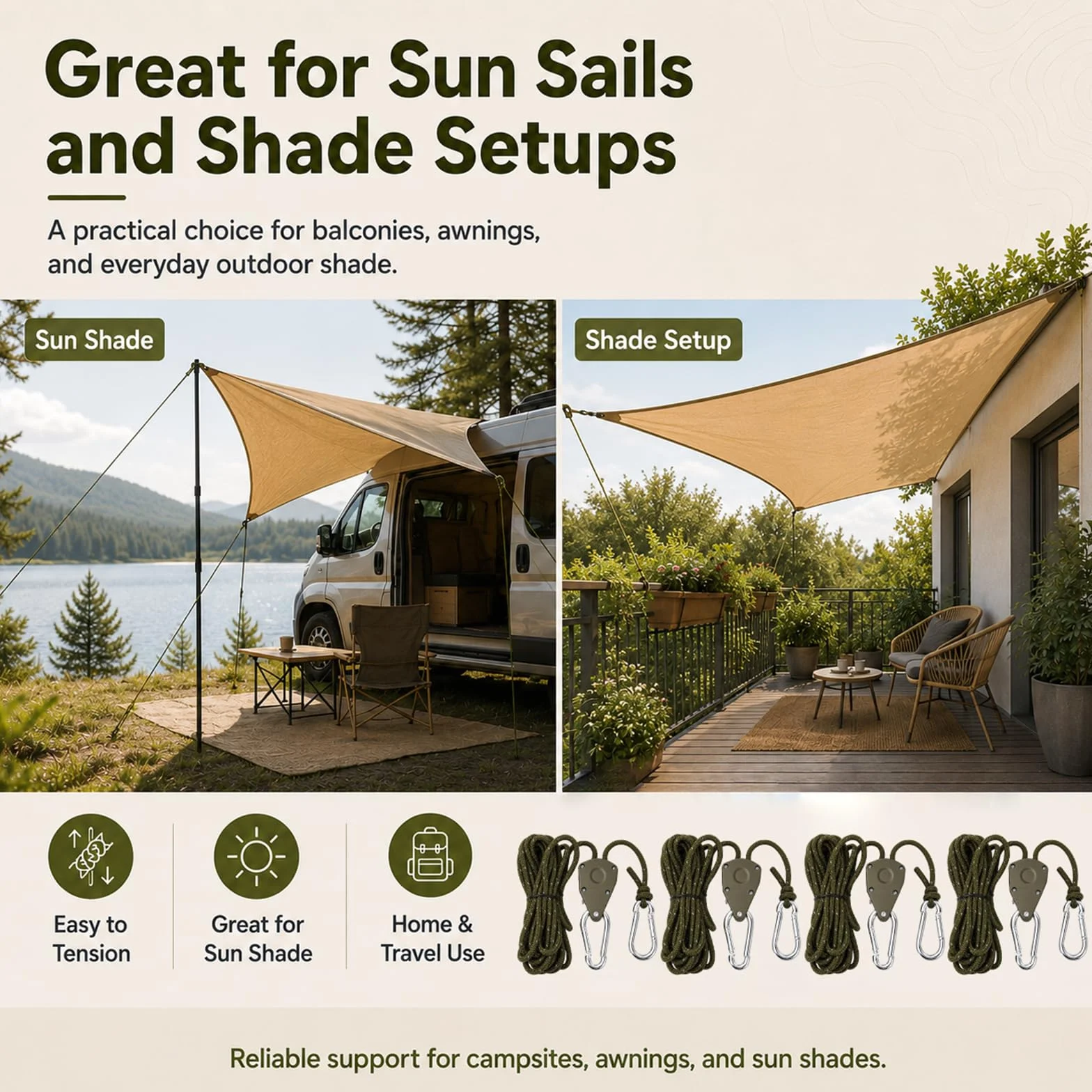 4M - Vientos reflectantes con tensor de cuerda, 8 vientos para camping, vientos para vela de sol negra, cuerda de tienda de campaña con tensor, accesorios para tienda de campaña, fácil de