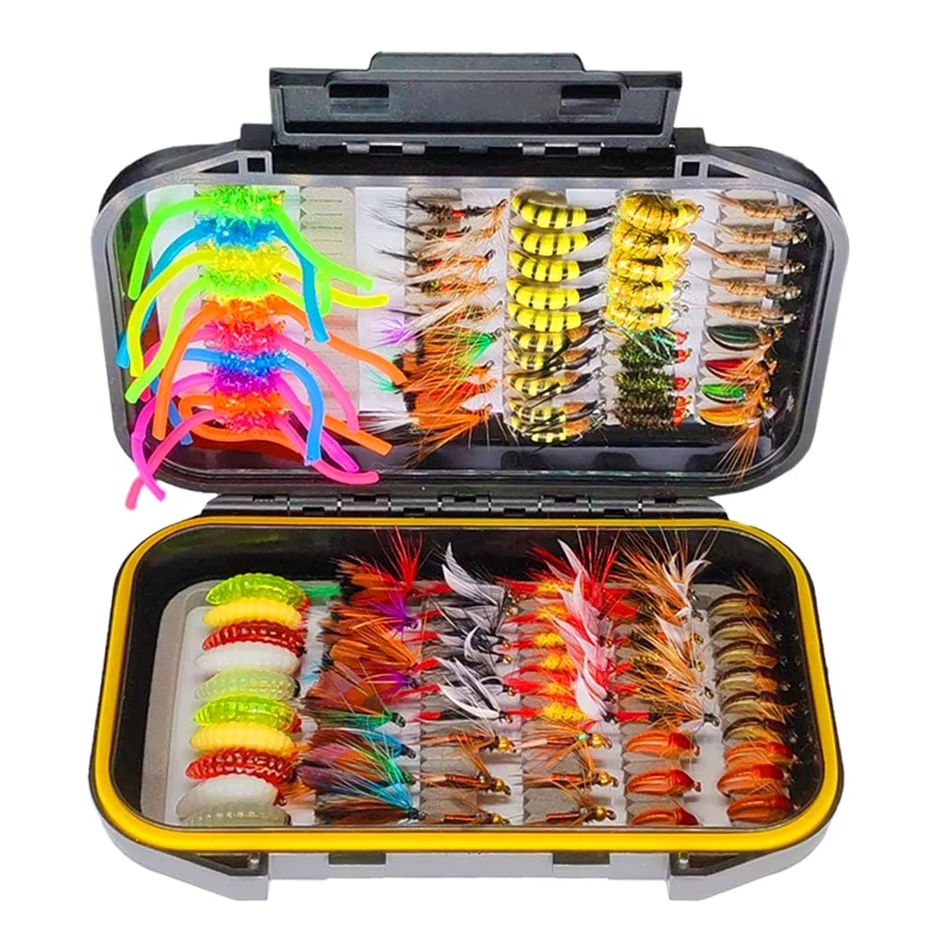 Kit de señuelos para pesca con mosca 24/38/102/114 piezas, moscas secas, húmedas, ninfas, polillas, streamer, mosquitos, gusanos + caja, adecuados para trucha, lubina, salmón