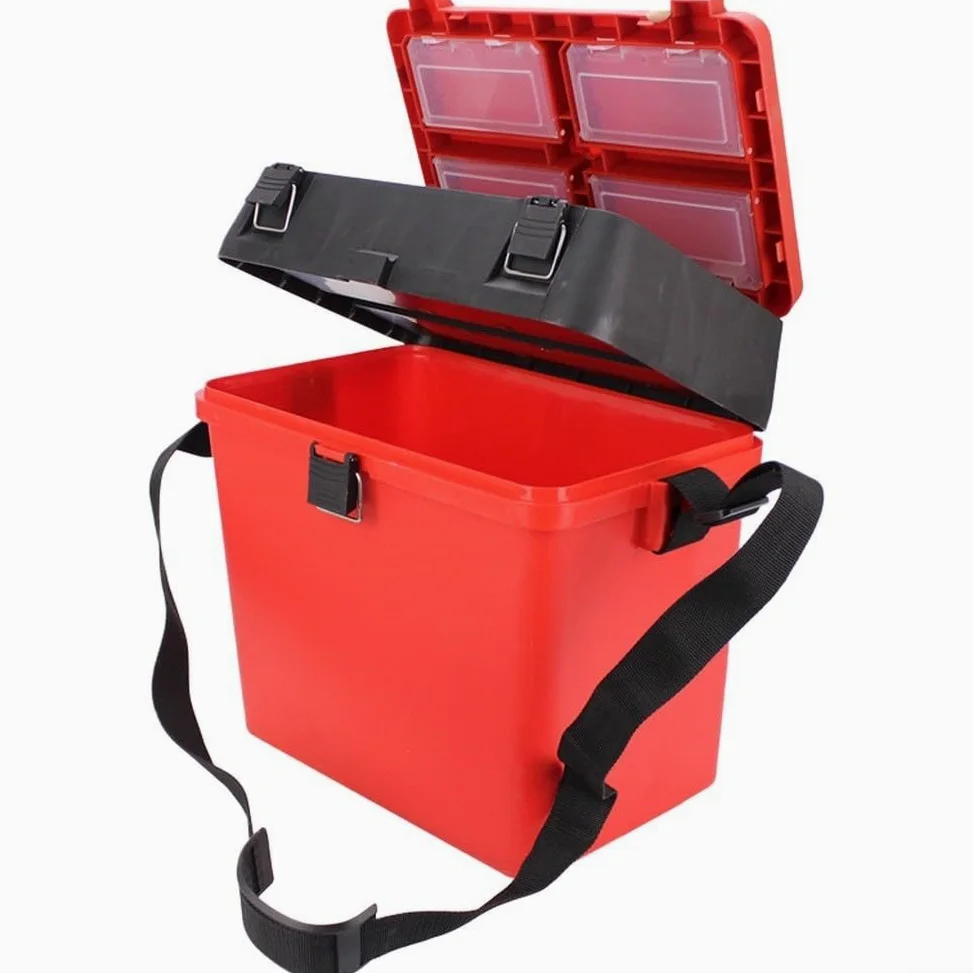 Caja de aparejos de pesca con correas ergonómicas, asiento desmontable, interior modular y sistema de hebilla superior segura (azul)
