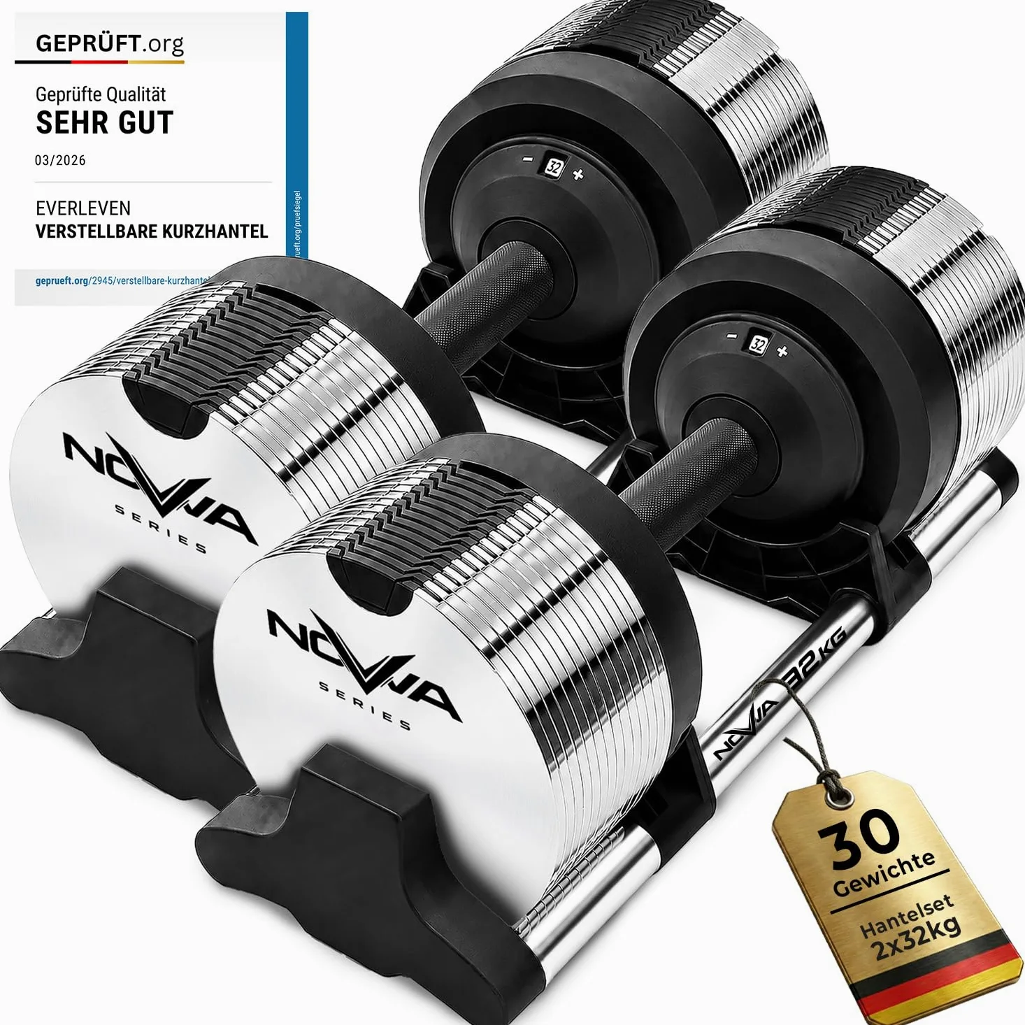 Mancuerna Regulable 24kg | Nova Series | 12kg |18kg | 24kg | 32kg |40kg | 24 Ajustes de Peso | Pesa Individual | Mancuerna Ajustable | Pesa graduable y compacta [NOVA³ LOCK]