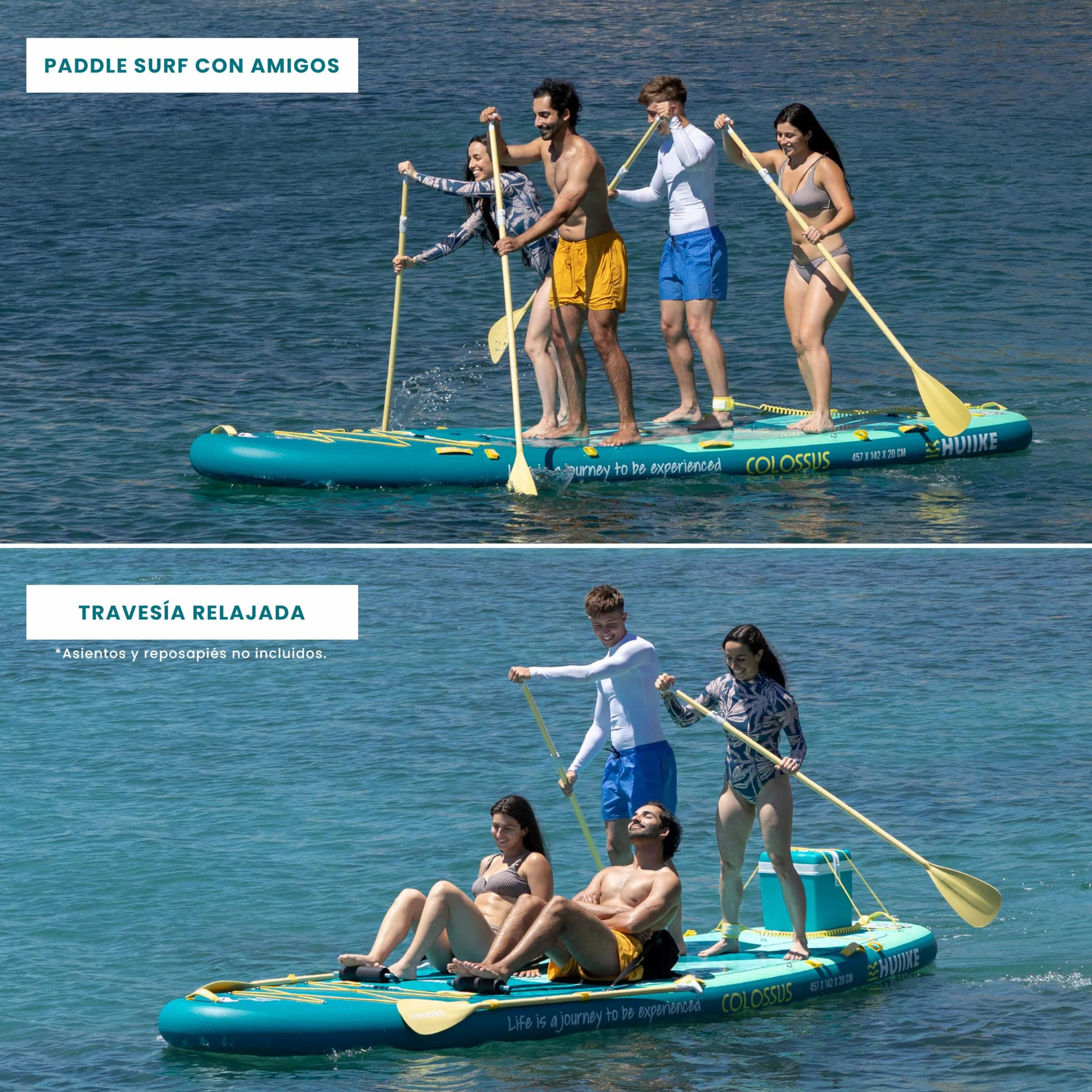 HUIIKE Tabla Paddle Surf Hinchable XXL 15' 4 Personas 480 kg con Accesorios | SUP Gigante con 4 Remos, 2 Infladores, 5 Quillas, Leash y Macuto. Stand Up Paddle Board Gran Estabilidad y Resistencia