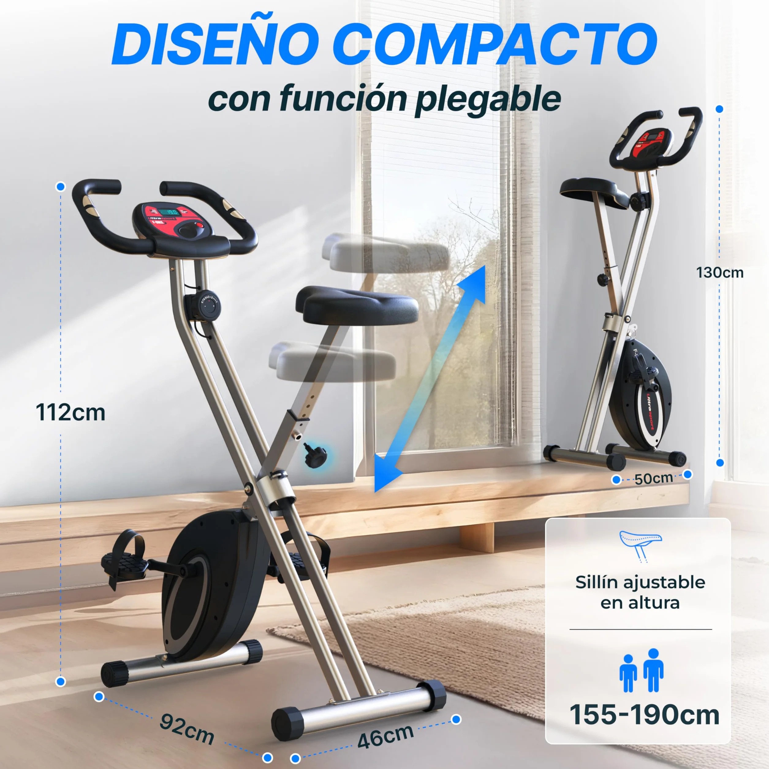 Ultrasport F-Bike, Entrenador Bicicleta, entrena casa, bicicleta aptitud plegable, computadora entrenamie integrada, sensores pulso mano, plegable, 8 niveles resistencia, ideal para mayores y jóvenes