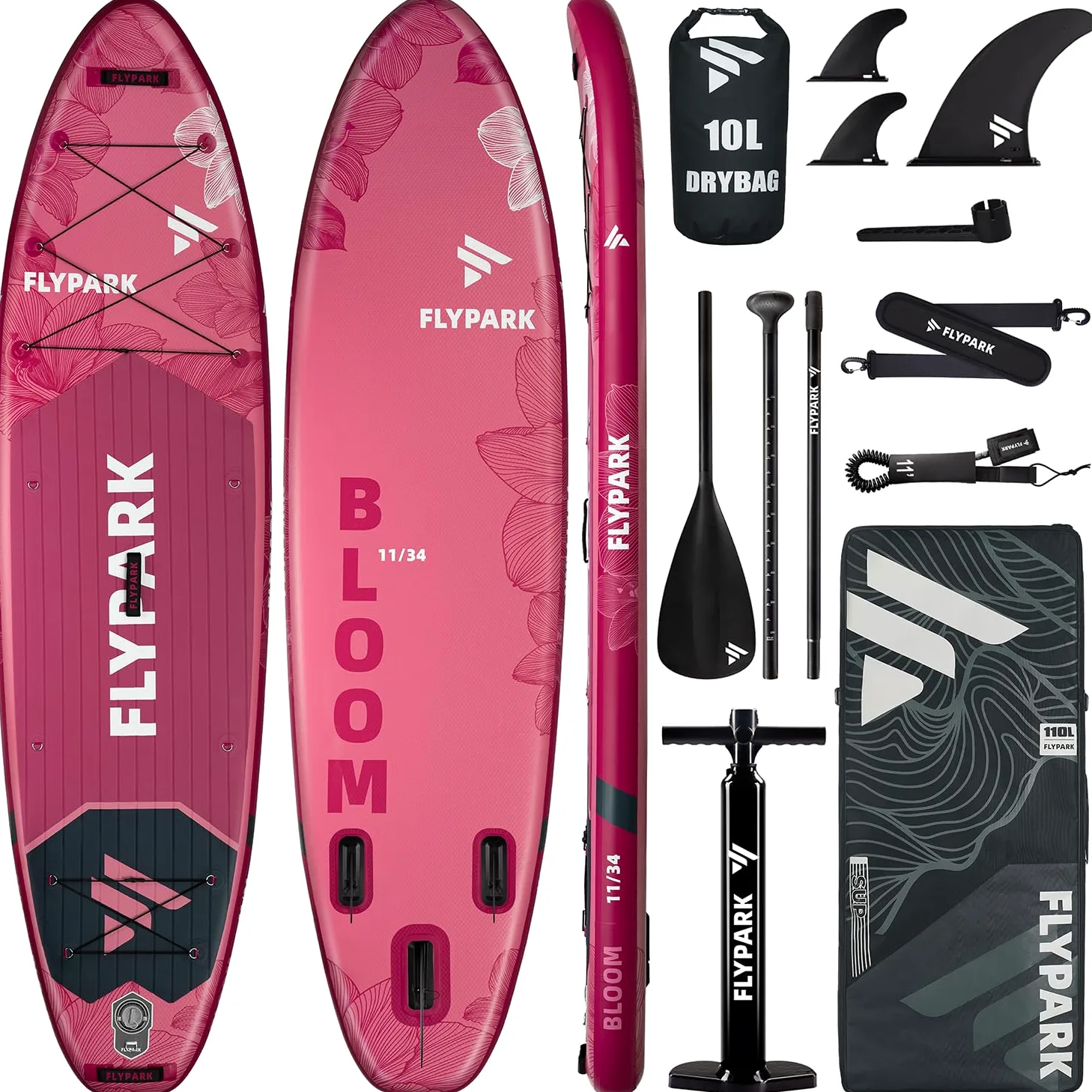 Flypark - Tabla de Remo Inflable Estable de Pesca y Familia, de 10 pies 8/11 x 35 Pulgadas, Tabla de Remo Inflable Extra Ancha, rodamiento de 430 Libras, Tabla de Remo de pie, Soporte para cámara,