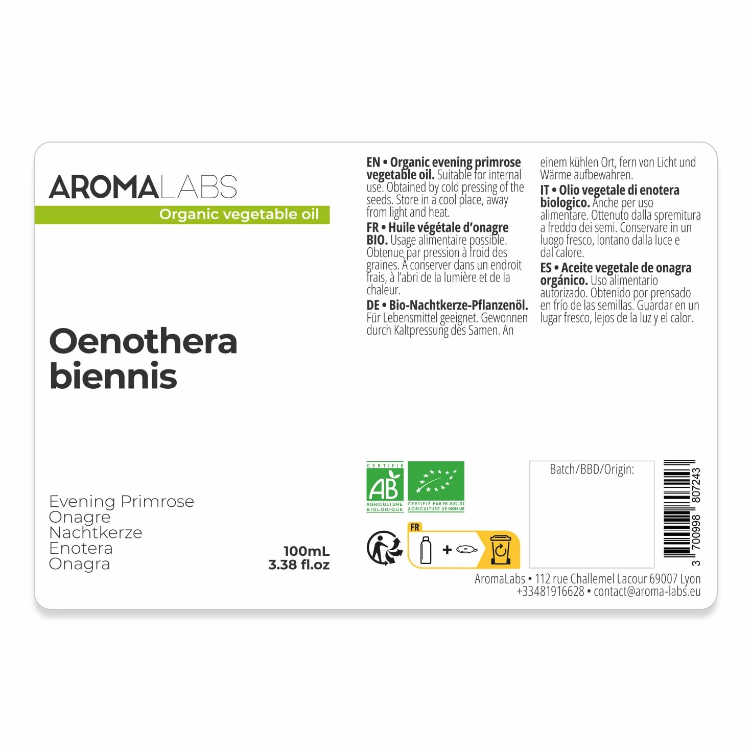 Aceite de Onagra BIO Oenothera biennis 100 mL Aceite Vegetal Virgen Certificado AB Aroma Labs