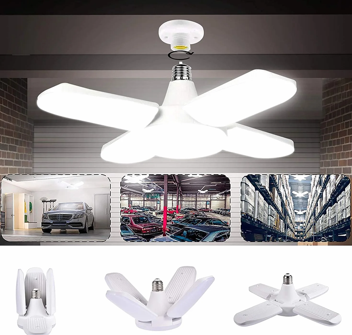Lámpara de Techo LED 80W 8000LM E27 4 Paneles Ajustables Blanco Frío para Garaje Taller