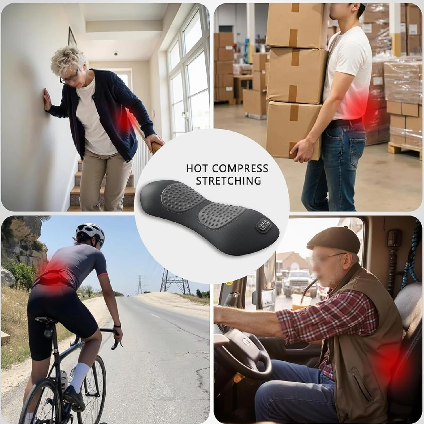 Masajeador Eléctrico 3 en 1 para Ciática, Tracción, Vibración y Calor, Soporte Lumbar Ergonómico Negro