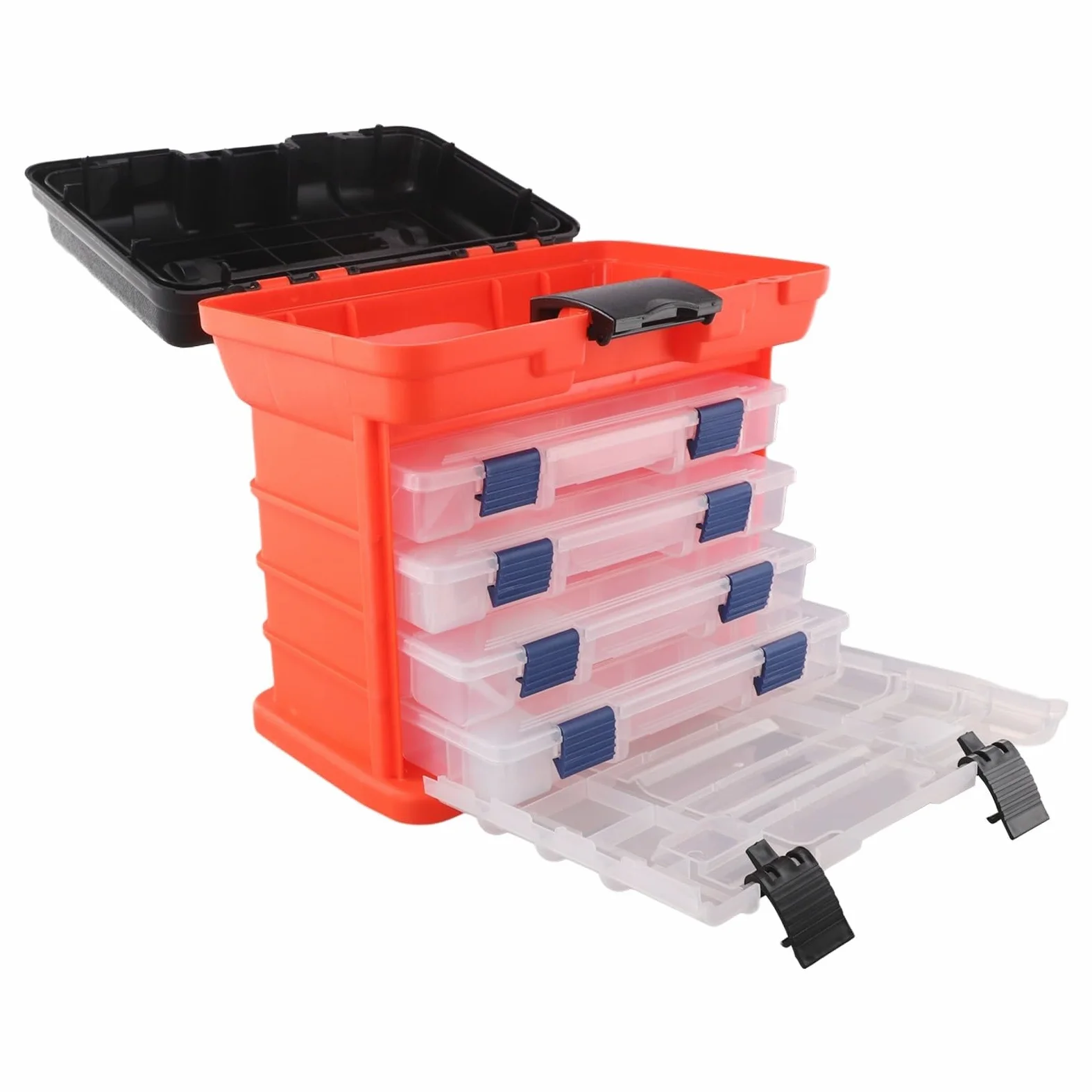 Caja de aparejos de pesca, organizador de almacenamiento portátil de 4 capas con asiento de asa plegable, bloqueo de hebilla gruesa para líneas de carretes de señuelo, caja de engranajes